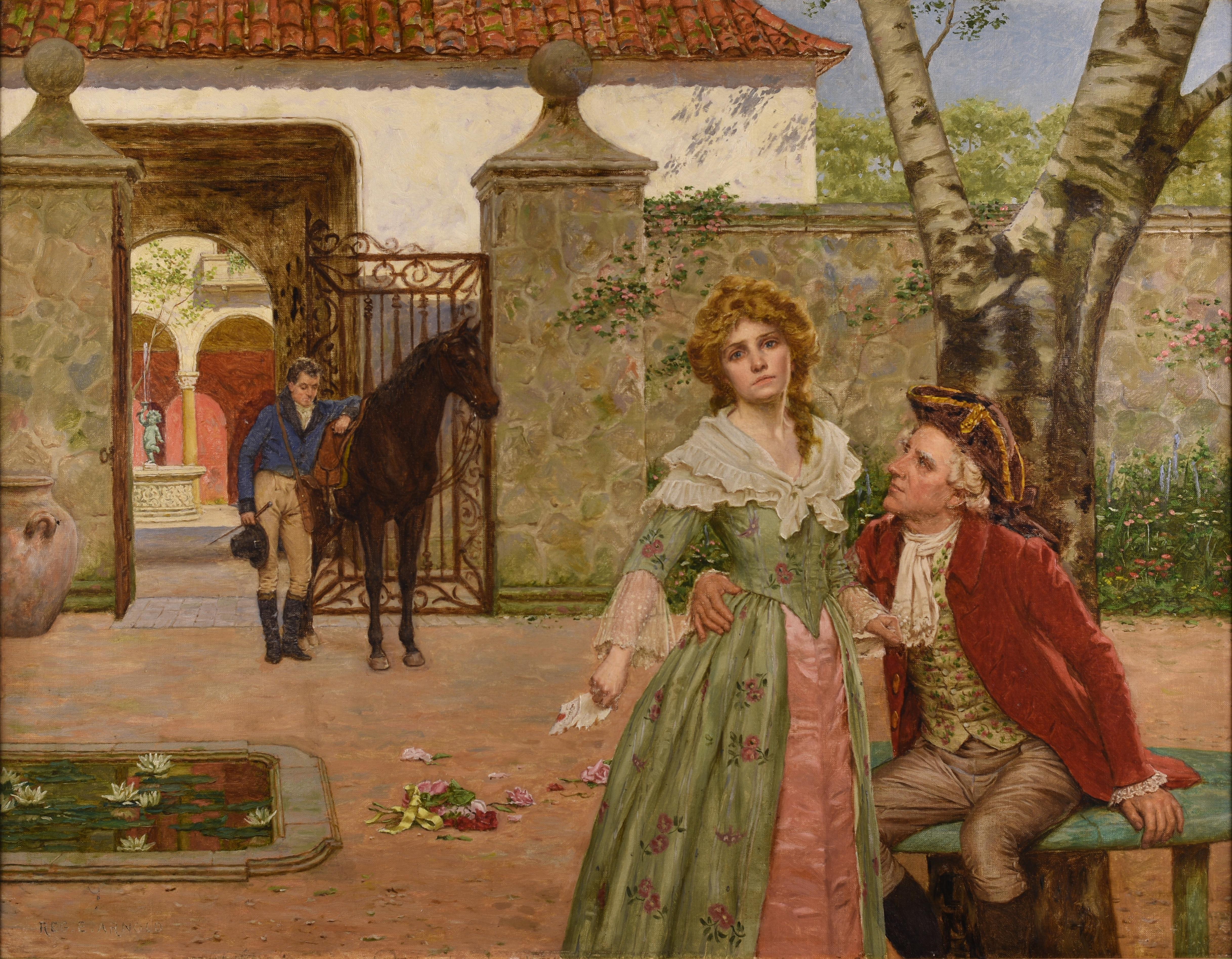 English painting of a woman with her lover returning from the war - Painting by Reginald Ernest Arnold