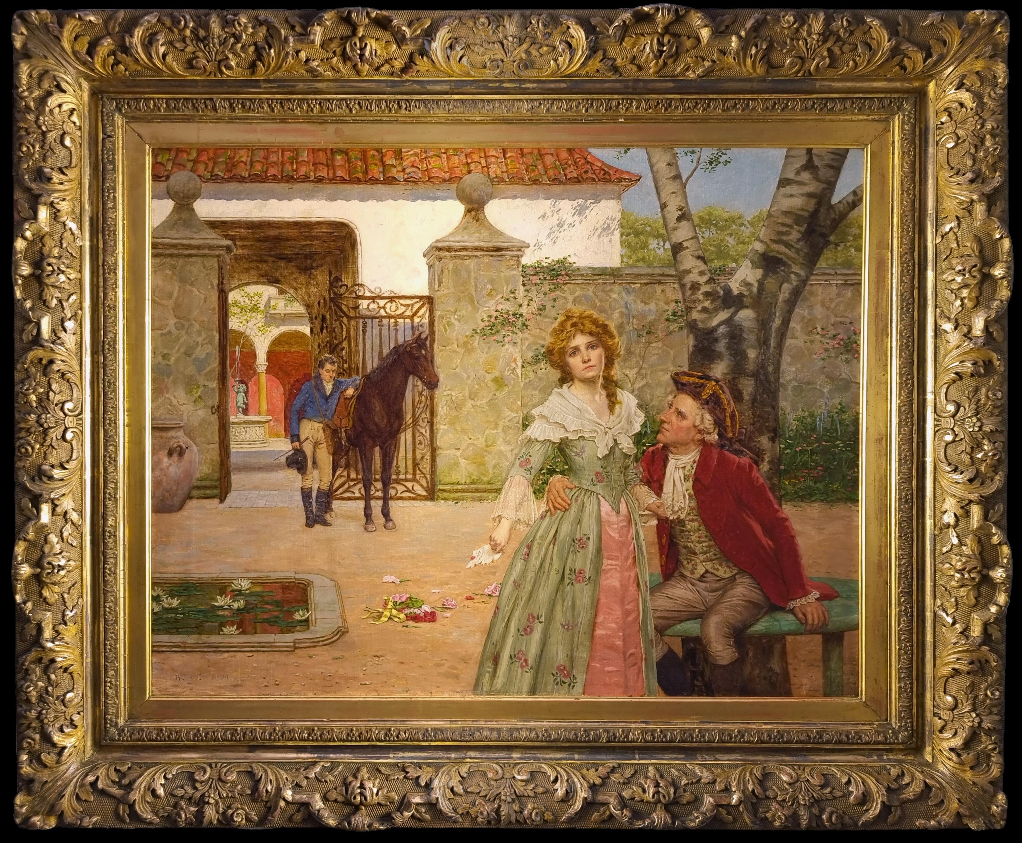 Figurative Painting Reginald Ernest Arnold - Peinture anglaise d'une femme avec son amour qui retourne de la guerre