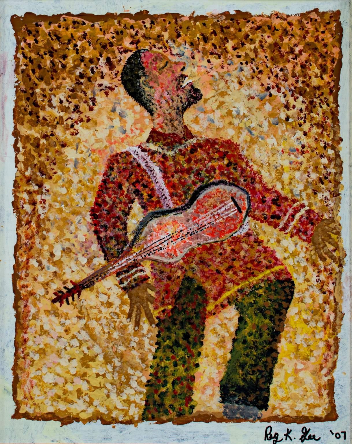 "Lingering Note" is an original acrylic painting on canvas board by Reginald K. Gee. The artist signed the piece in the lower right. This painting depicts a man with a string instrument singing. Gee uses pointillism in this painting. 

14" x 11"