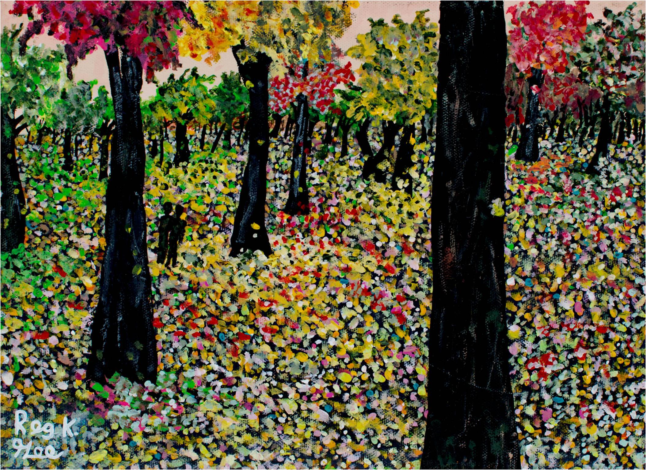 Reginald K. Gee Landscape Painting – „Bland Impressions of Easy Park (Die Herbstkollektion)“, Acryl, signiert von Gee