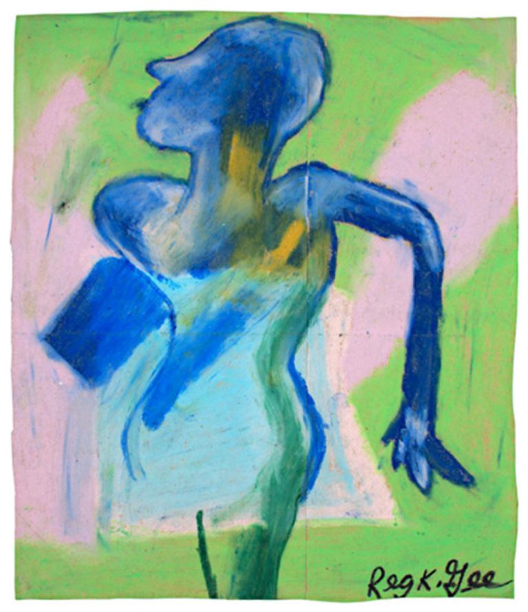 "Frozen In Ice" is an oil pastel on grocery bag signed by Reginald K. Gee. The figure is quickly sketched in blue, with yellow around the throat and green along the leg. The background is an abstract mixture of green and pink.

Art: 14 x 12