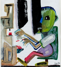"Man with Drill Machine," Acrylic on Parchment Paper signed by Reginald K. Gee