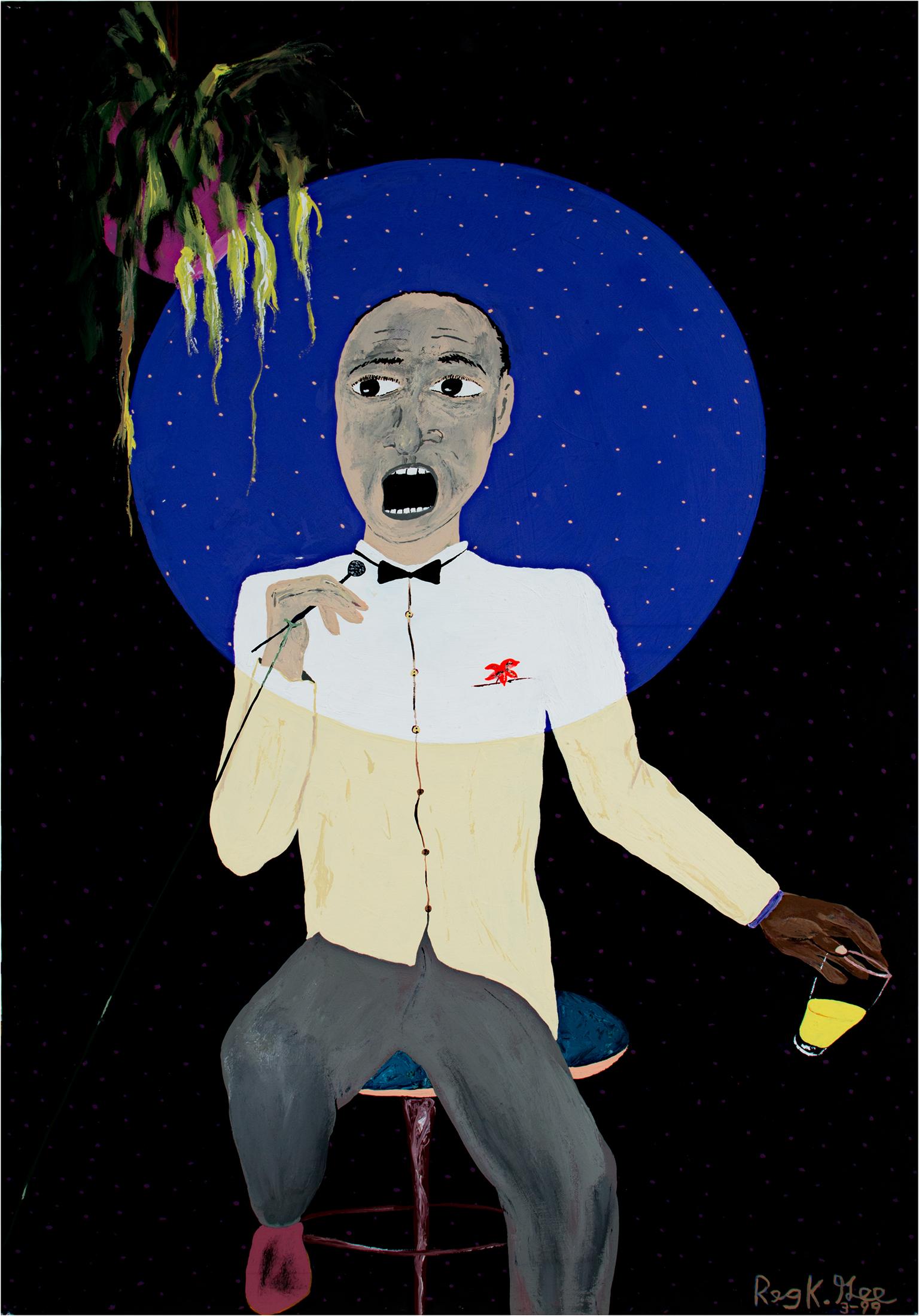 "Suddenly I Saawww...Polka Dots And Mooonnbeams..." is an original acrylic painting on canvas by Reginald K. Gee. The artist signed the piece lower right. It depicts a man in a spotlight singing. He holds a glass of vibrant yellow liquid. 

36" x