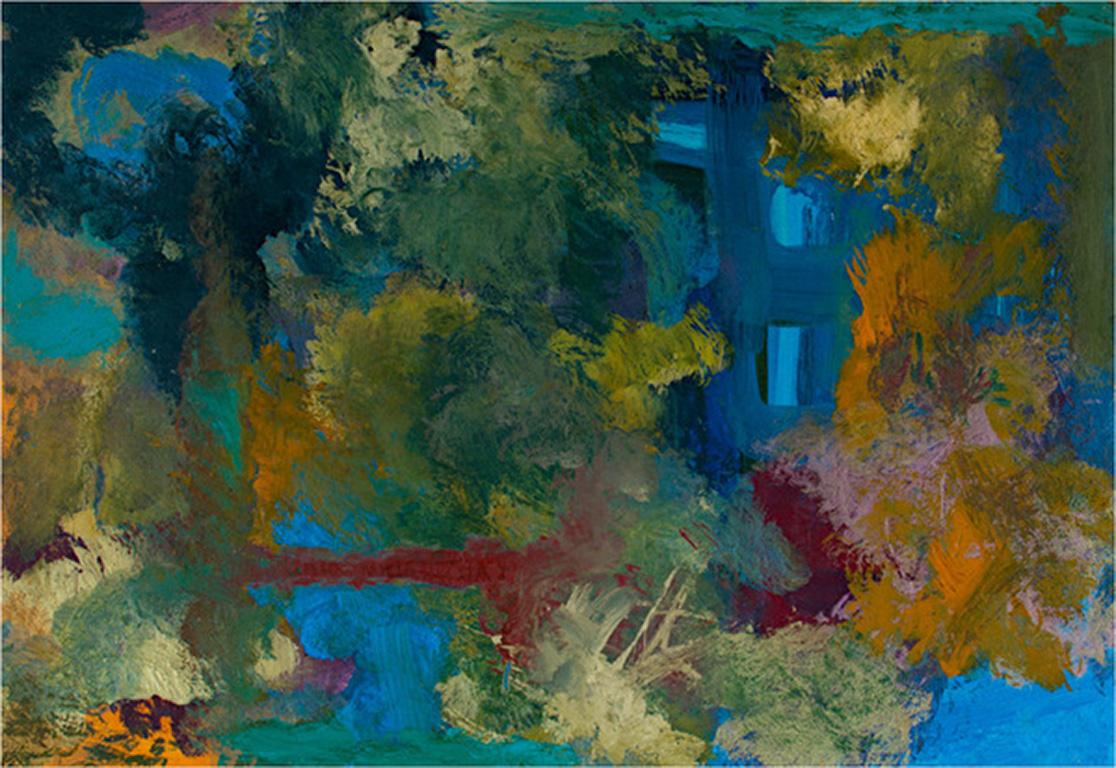 "This Way" ist ein Acryl auf Museumskarton, verso signiert von Reginald K. Gee. Diese abstrakte Landschaft ist eine Mischung aus Grün, Orange und Blau. In der Nähe der rechten Seite befindet sich ein blaues Haus, das vom Laub überwuchert ist, das es