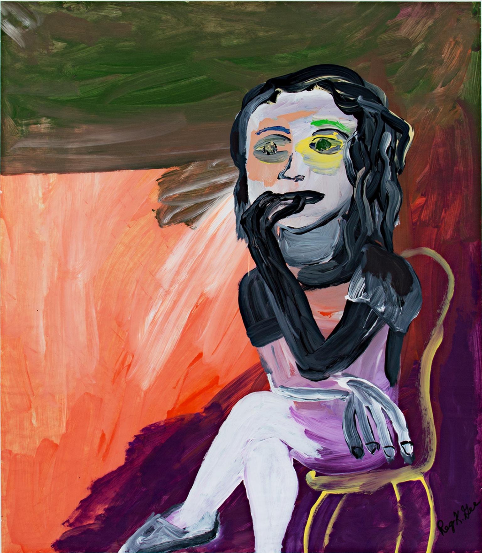"Waiting Terresa" est une peinture acrylique originale sur papier parchemin de Reginald K. Gee. L'artiste a signé l'œuvre en bas à droite. Elle représente une femme nerveuse assise sur une chaise jaune. 

33" x 28" art
cadre de 44 1/2" x 39
