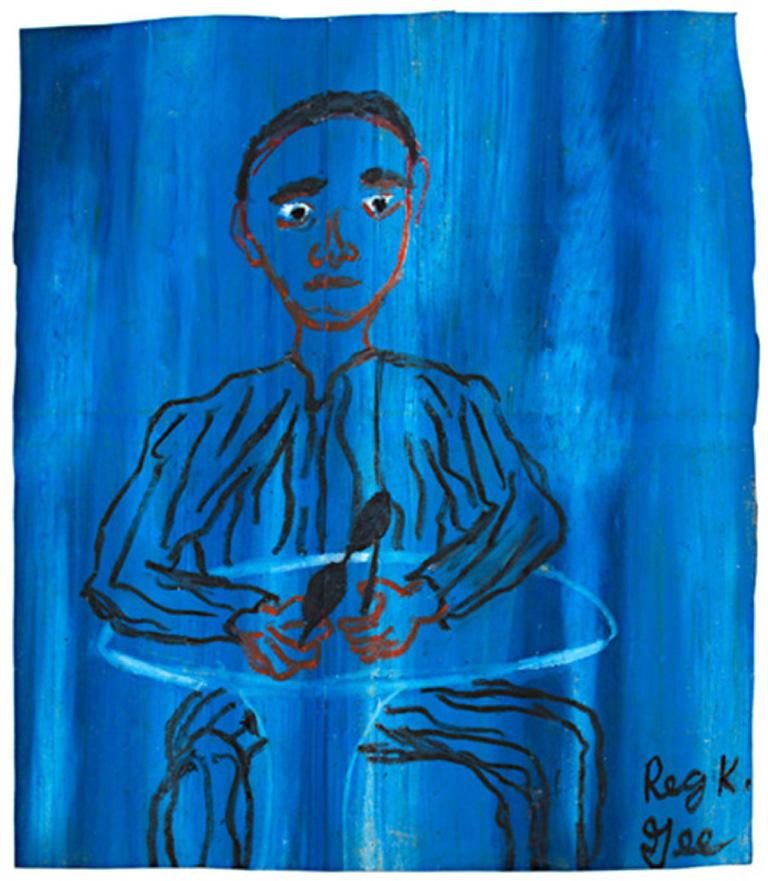 "Where Is She" ist ein Ölpastell auf einer Einkaufstüte, signiert von Reginald K.K. Gee. Ein niedergeschlagener Mann sitzt an einem kleinen runden Tisch. Die ganze Szene ist blau, und der Mann spielt mit seiner Sonnenbrille herum, während er