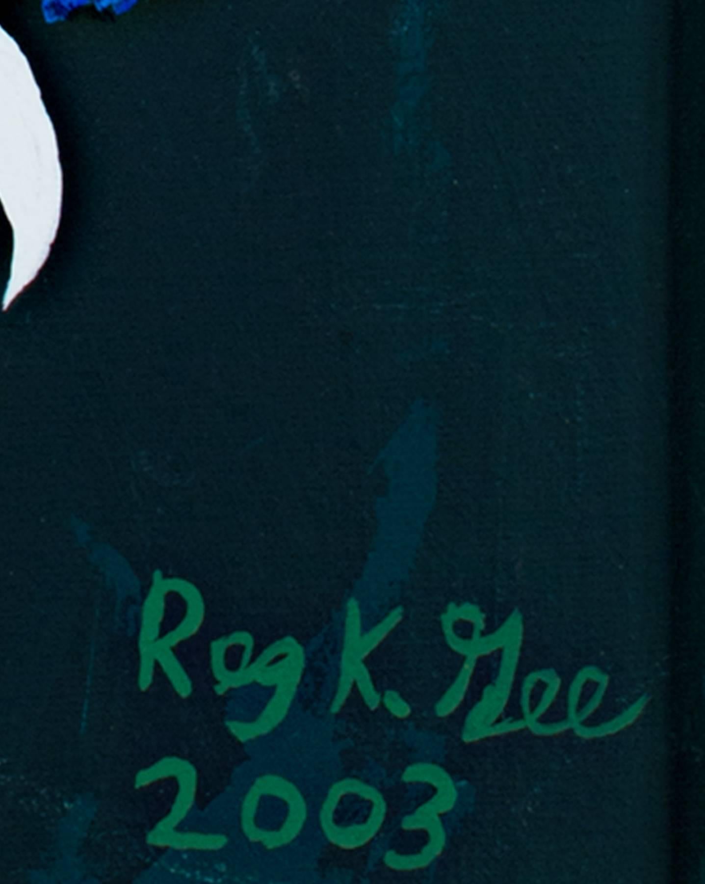 Weiße & blaue Blumen auf dunkelgrünem Hintergrund, Acryl signiert von Reginald Gee – Painting von Reginald K. Gee