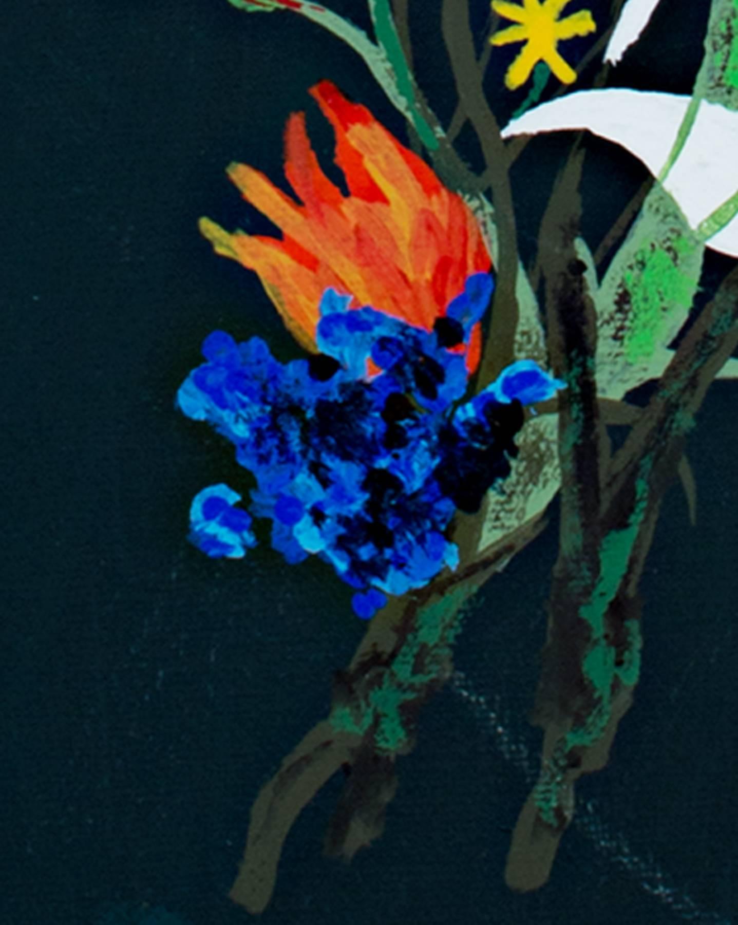 Weiße & blaue Blumen auf dunkelgrünem Hintergrund, Acryl signiert von Reginald Gee im Angebot 1