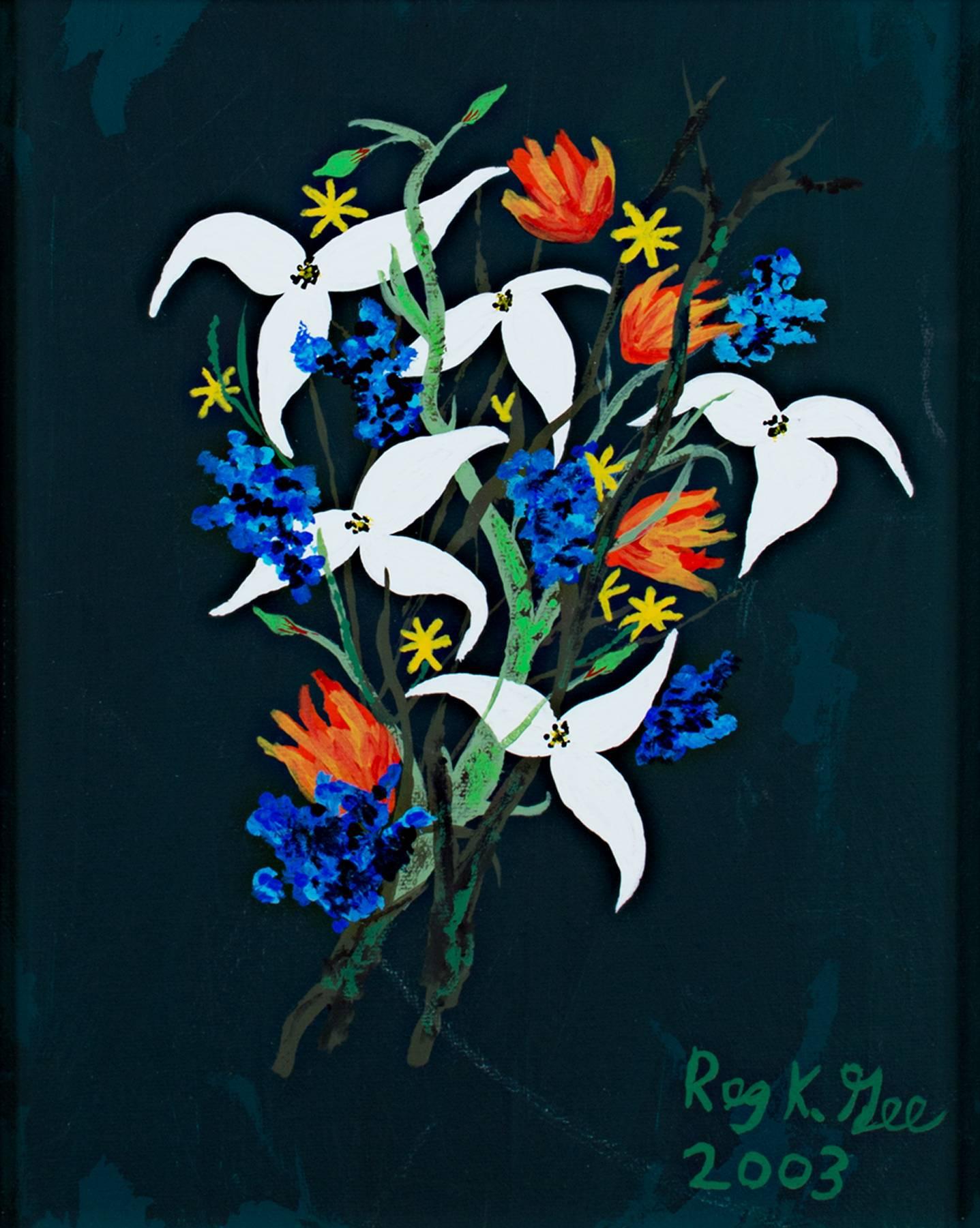 Weiße & blaue Blumen auf dunkelgrünem Hintergrund, Acryl signiert von Reginald Gee