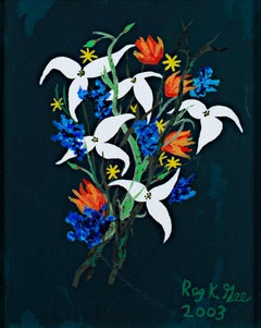 "White & Blue Flowers on Dark Green Background, " Acrylic signed by Reginald Gee
