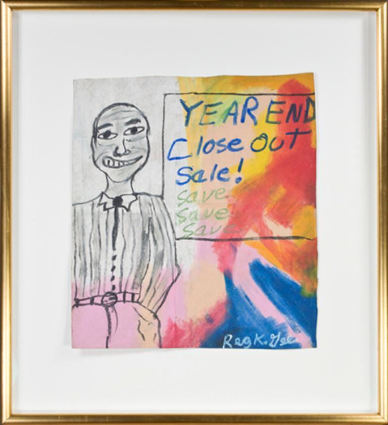 "Venta de fin de año" es un pastel al óleo sobre una bolsa de supermercado firmado por Reginald K. Gee. En esta obra, un vendedor sonríe al espectador, intentando hacer una venta.

Arte: 13,5 x 12 pulg.
Marco: 21,25 x 19 pulg.
Enmarcado según las