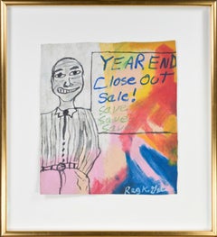 Retro "Year End Close Out Sale, " Oil Pastel on Grocery Bag signed by Reginald K. Gee