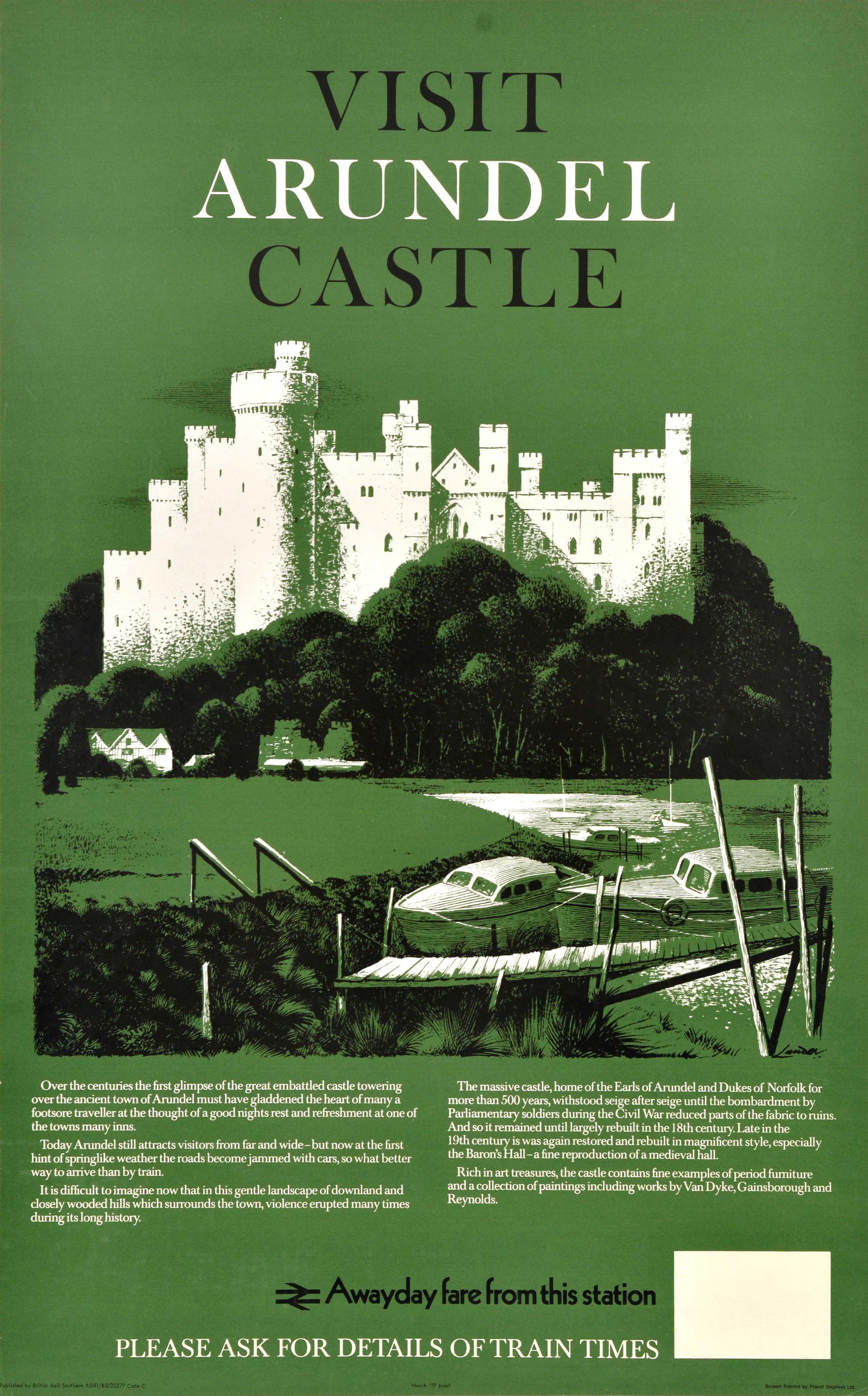 Affiche originale de voyage en train - Visit Arundel Castle - réalisée par le célèbre artiste commercial et créateur d'affiches Reginald Montague Lander (1913-1980) représentant le château historique d'Arundel, datant du XIe siècle et situé dans le