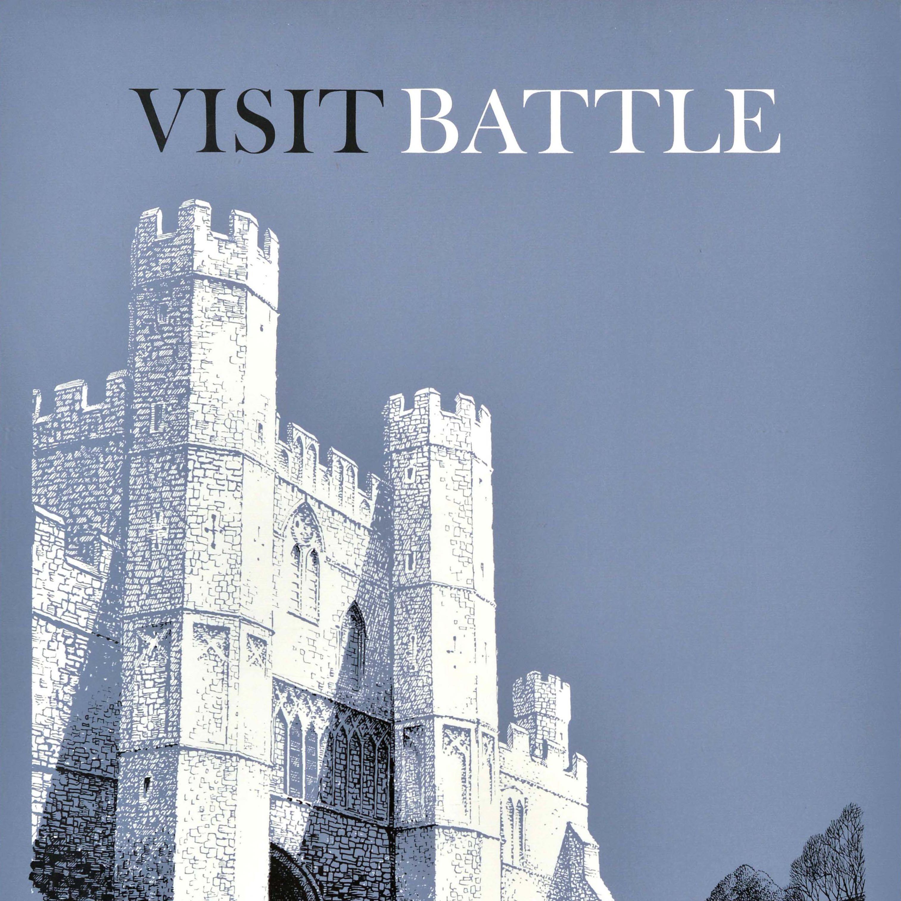 Original vintage train travel poster - Visit Battle - featuring artwork by the notable commercial artist and poster designer Reginald Montague Lander (1913-1980) depicting people visiting the partially ruined historic Battle Abbey in Sussex built in