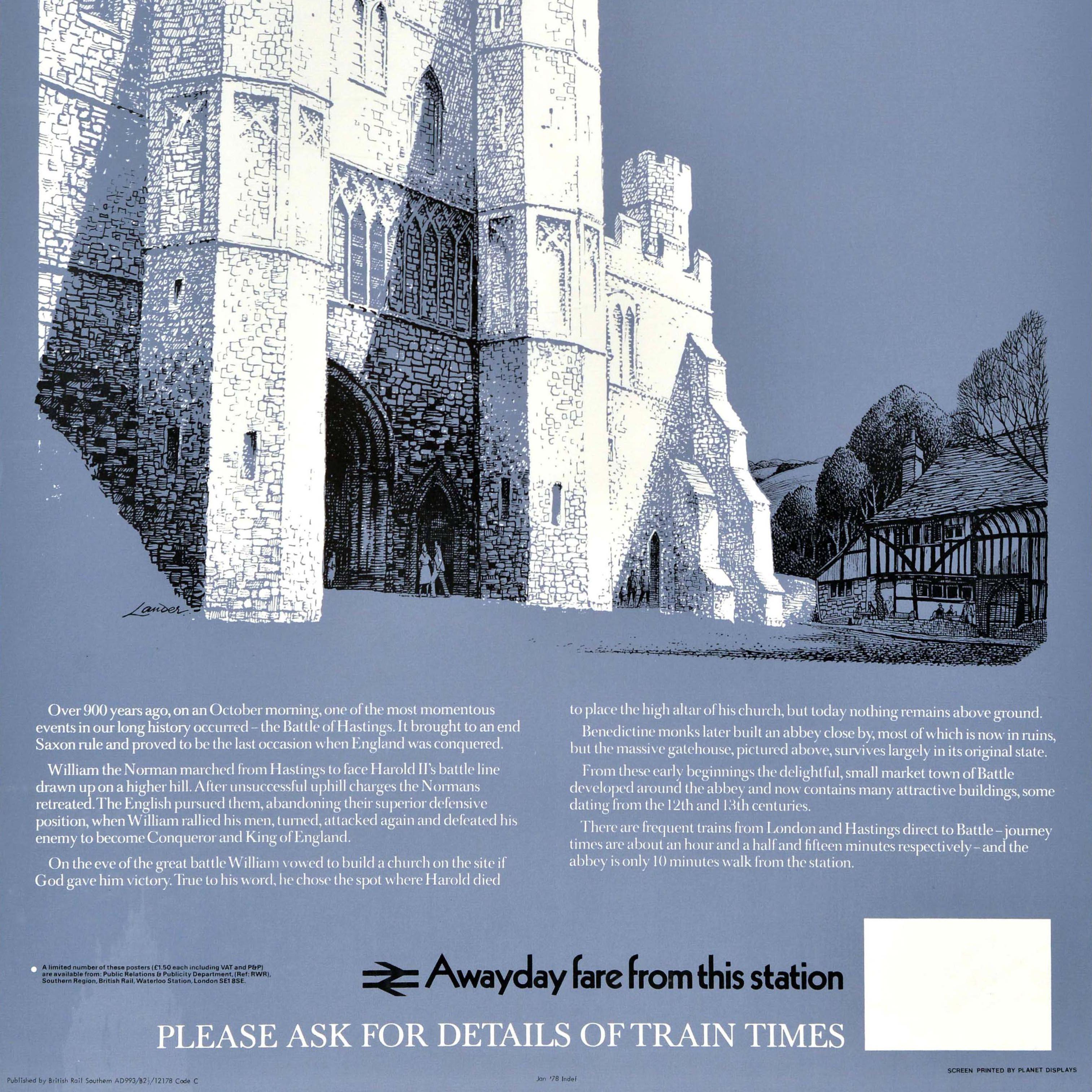 Original vintage train travel poster - Visit Battle - featuring artwork by the notable commercial artist and poster designer Reginald Montague Lander (1913-1980) depicting people visiting the partially ruined historic Battle Abbey in Sussex built in
