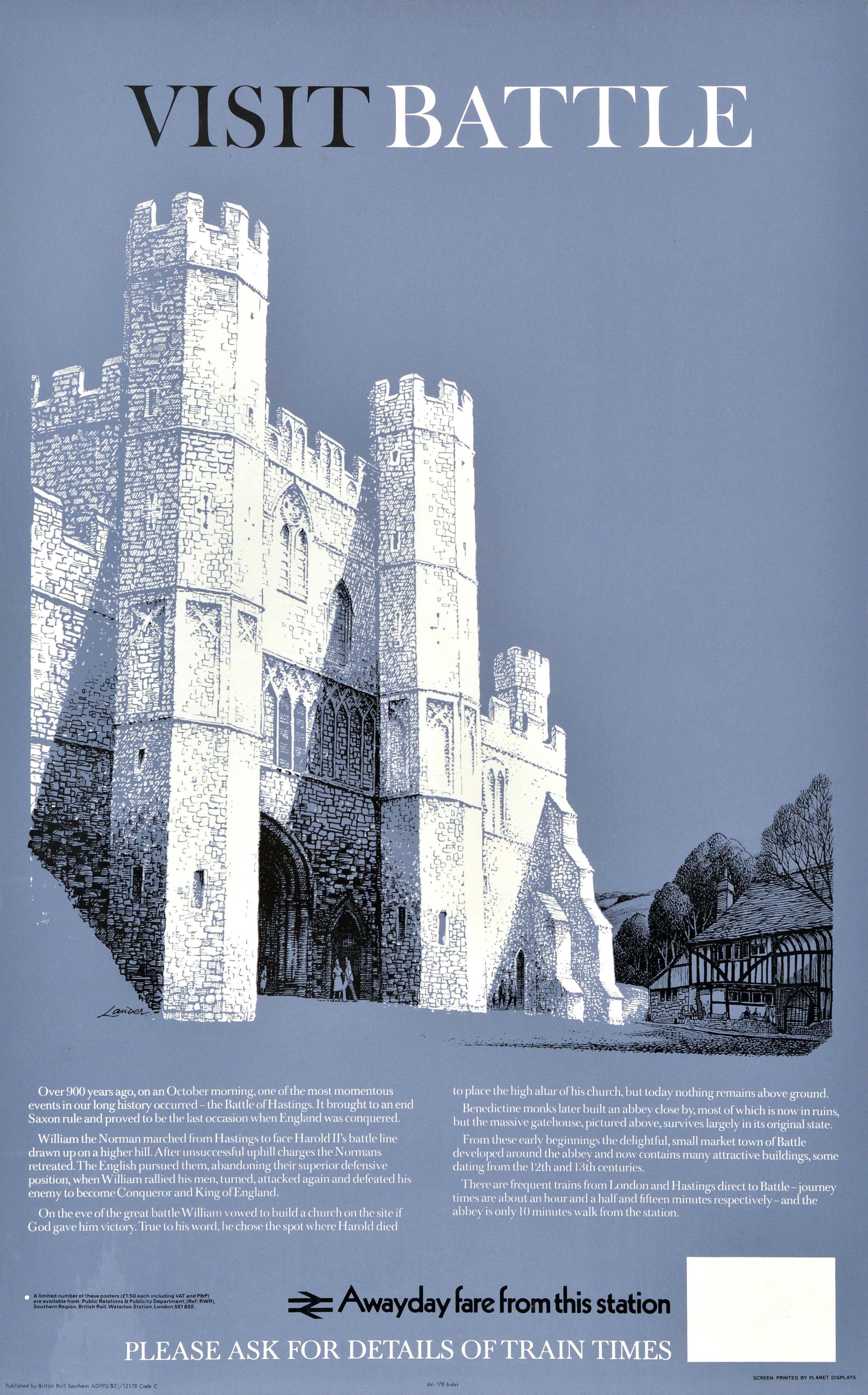 Print Reginald Lander - Affiche de voyage vintage d'origine de l'Abbaye de Hastings, paysagiste britannique des chemins de fer