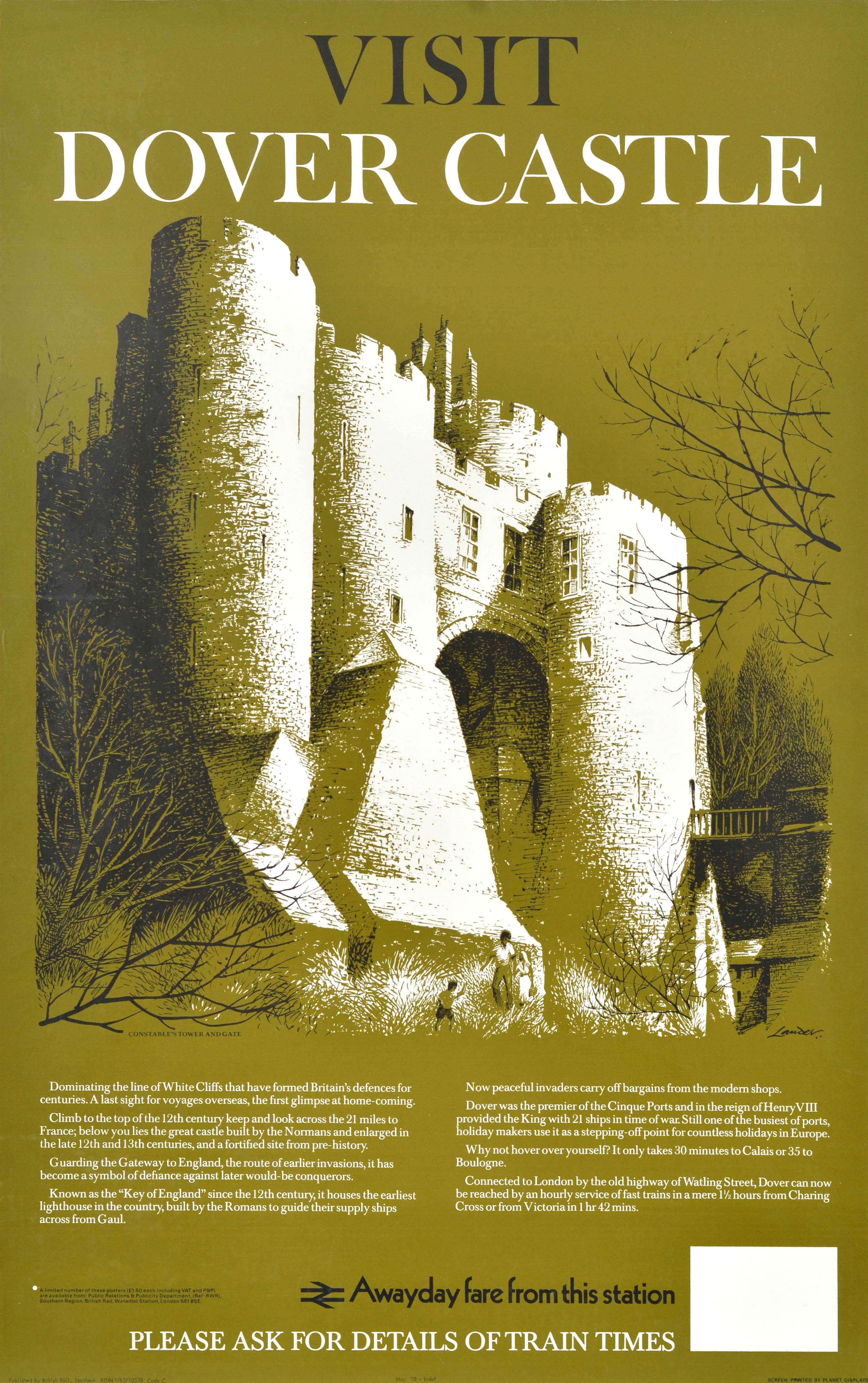 Original vintage train travel poster - Visit Dover Castle - featuring artwork by the notable commercial artist and poster designer Reginald Montague Lander (1913-1980) depicting a family walking around the historic Constable's Tower and Gate of the