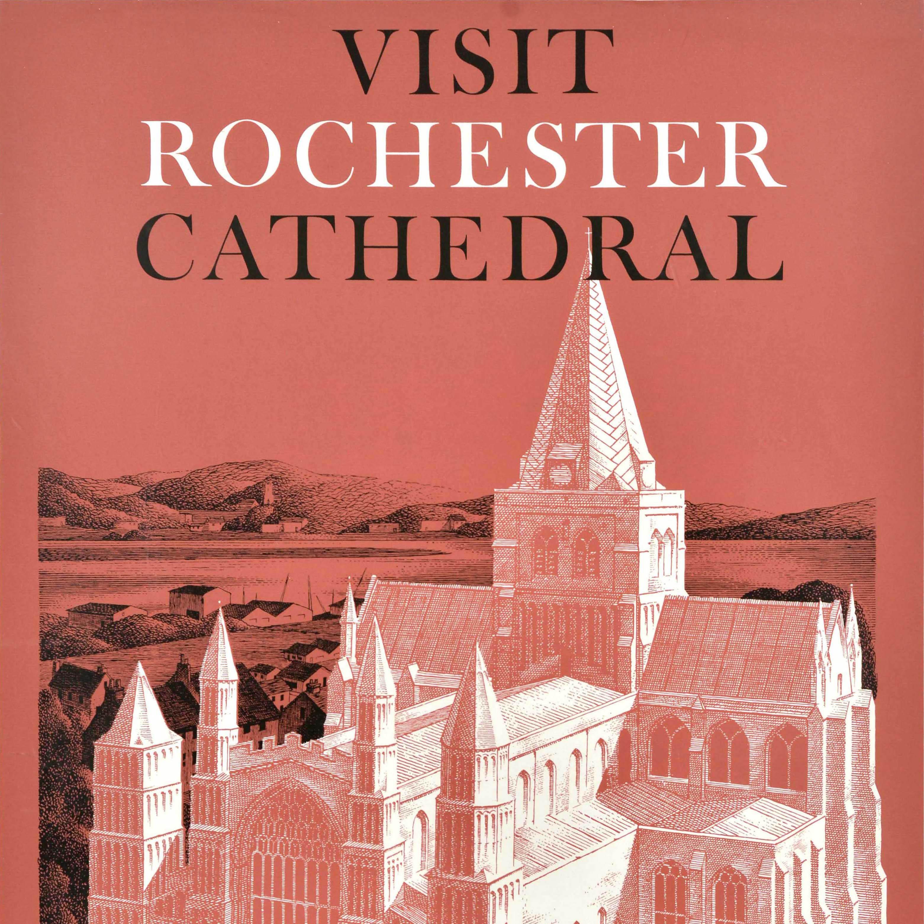 Original vintage train travel poster - Visit Rochester - featuring artwork by the notable commercial artist and poster designer Reginald Montague Lander (1913-1980) depicting the historic Rochester Cathedral in white with the surrounding trees,