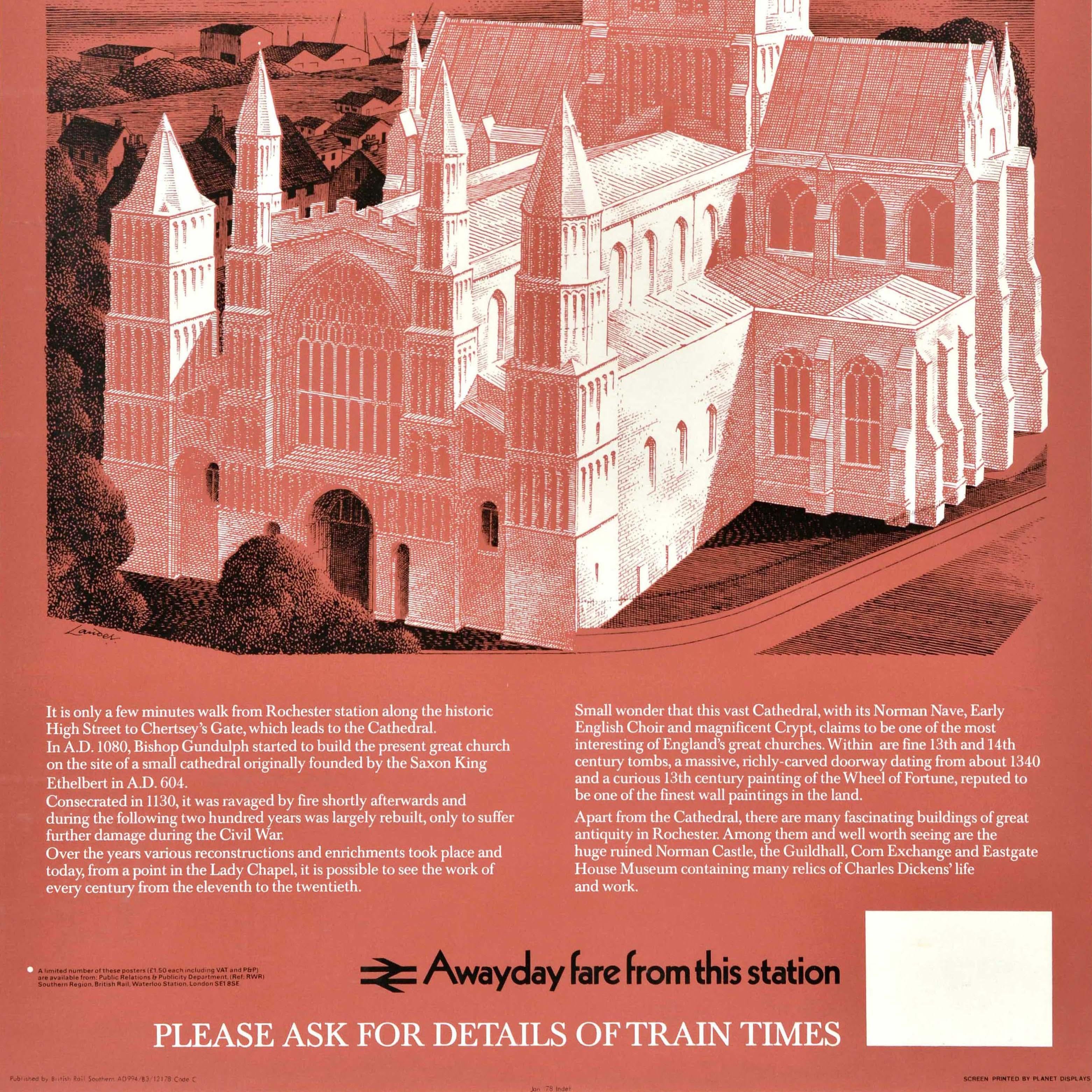 Original Vintage-Zugreiseplakat - Visit Rochester - mit einem Kunstwerk des bekannten Werbegrafikers und Plakatdesigners Reginald Montague Lander (1913-1980), das die historische Kathedrale von Rochester in Weiß mit den umliegenden Bäumen, Gebäuden,