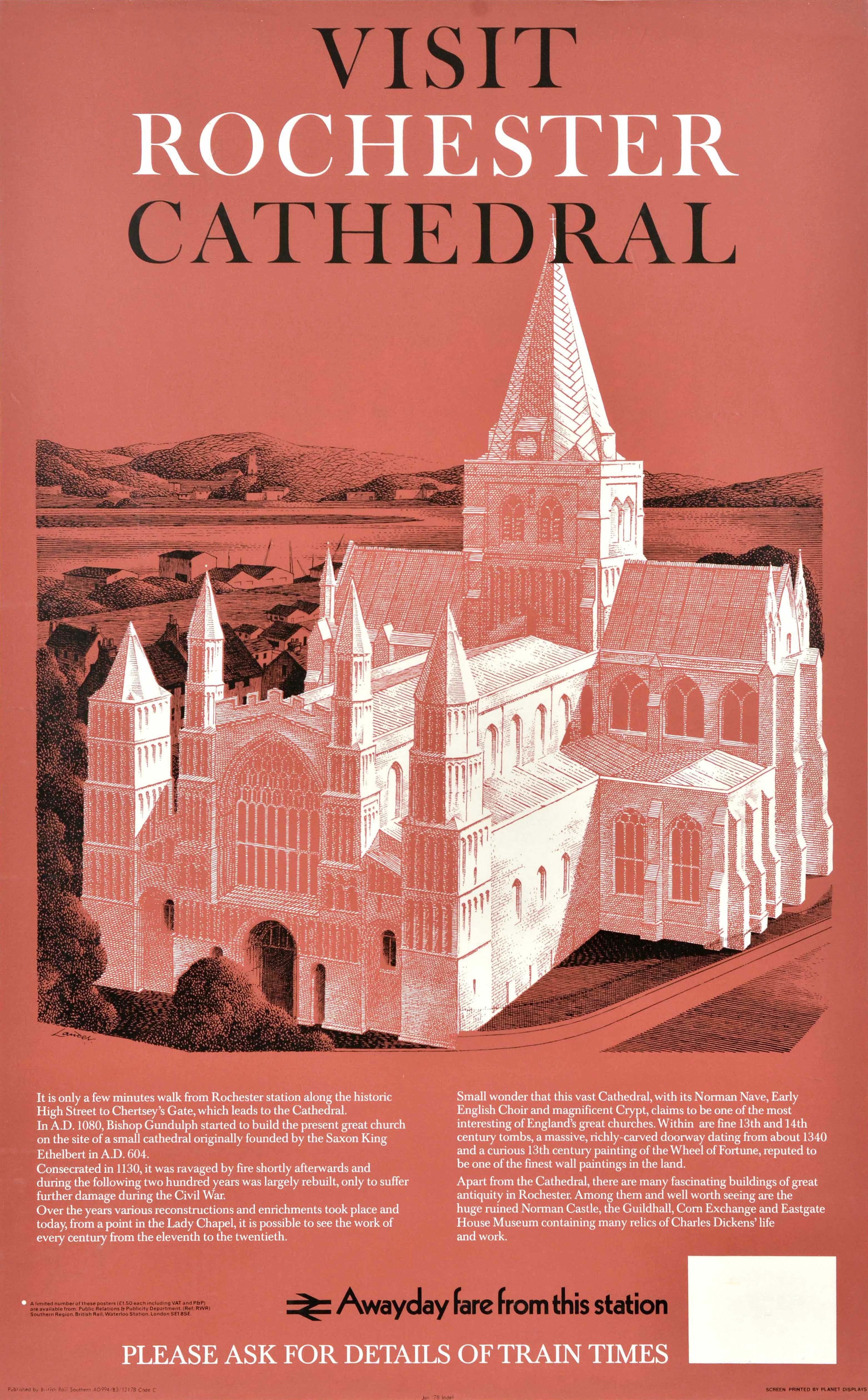 Print Reginald Lander - Affiche rétro originale de voyage en train, cathédrale de Rochester et plateau de chemin de fer britannique