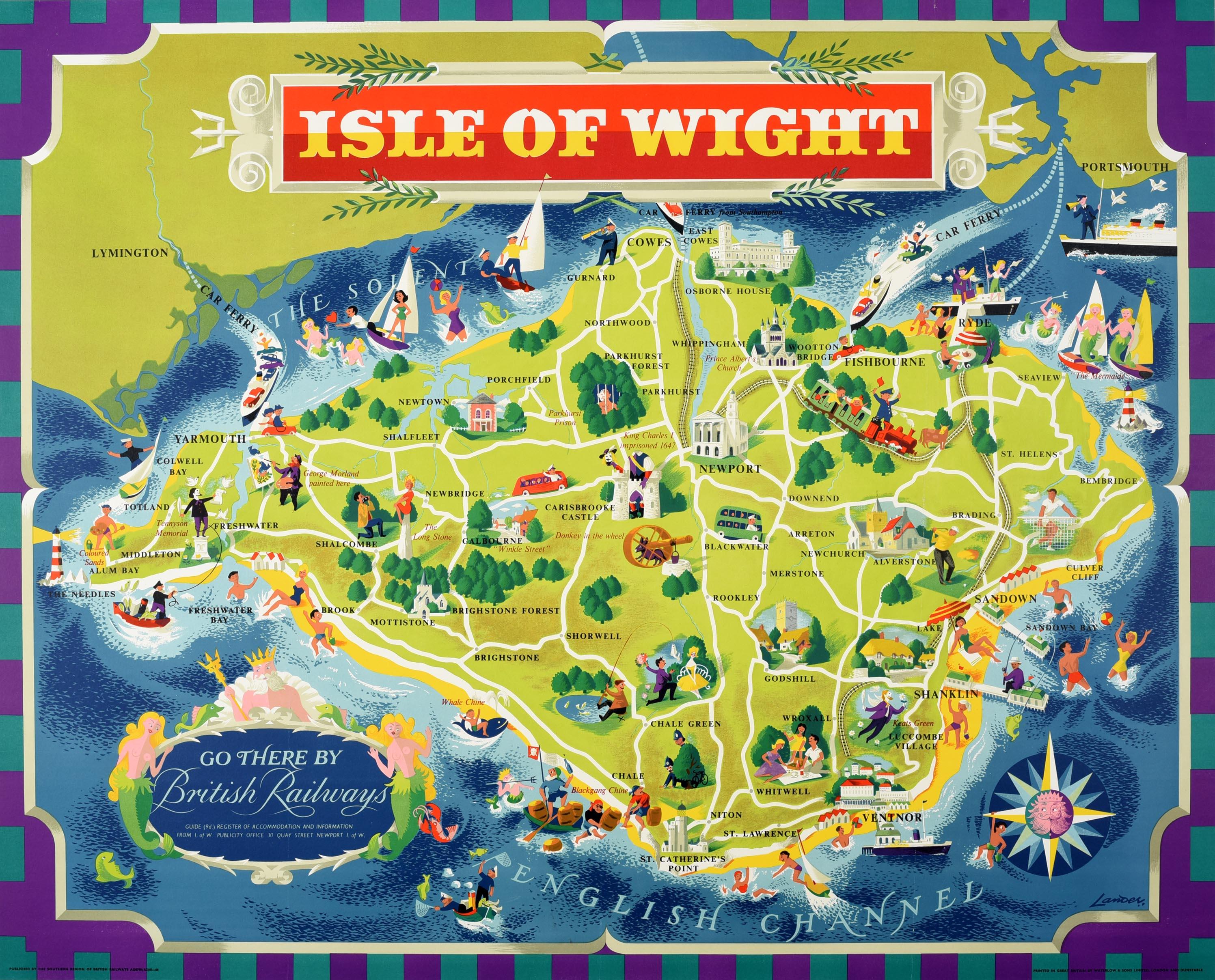 Print Reginald Lander - Affiche de voyage vintage d'origine Isle Of Wight, Carte picturale des chemins de fer britanniques