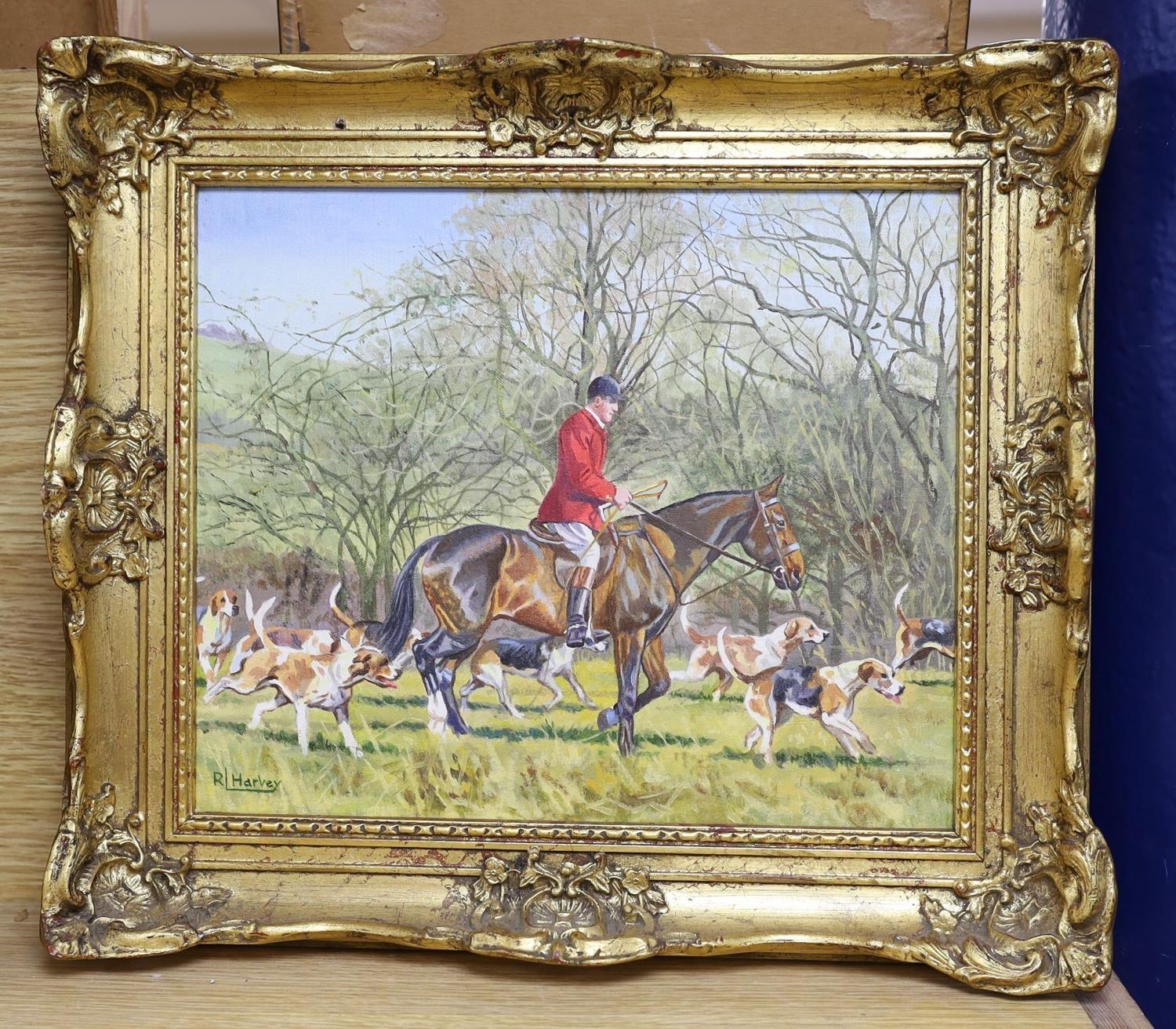 British Sporting Art Huntsman and Hounds in Landscape, signed oil painting - Painting by Reginald Llewellyn Harvey 