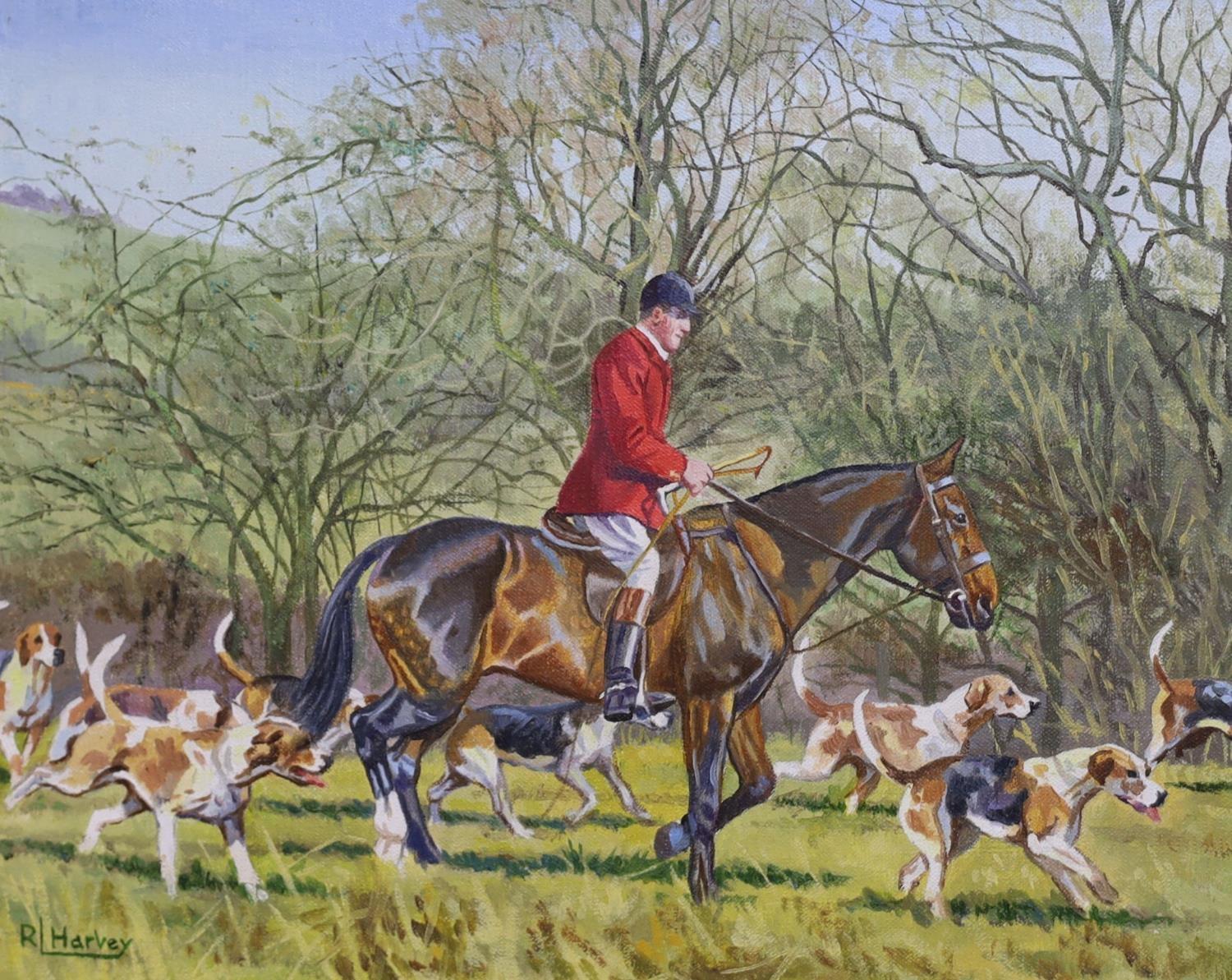 Reginald Llewellyn Harvey  Animal Painting - British Sporting Art Huntsman and Hounds in Landscape, signed oil painting