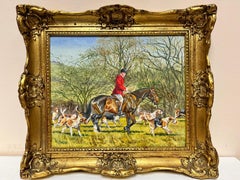 Fine British Sporting Art Oil Painting Huntsman on Horseback with Hunting Hounds