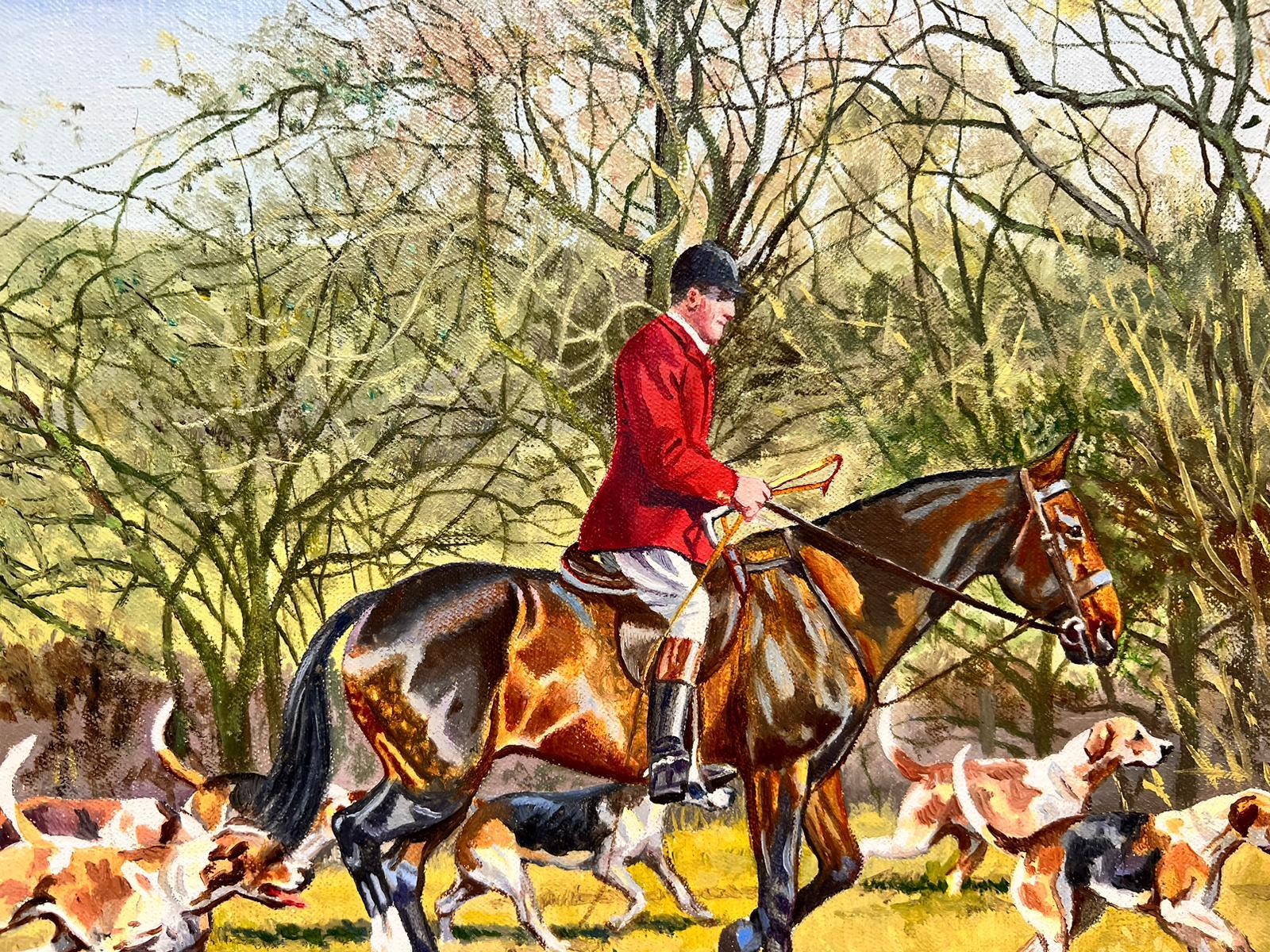 Fine British Sporting Art Oil Painting Huntsman on Horseback with Hunting Hounds For Sale 1