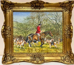 Fine British Sporting Art Oil Painting Huntsman on Horseback with Hunting Hounds