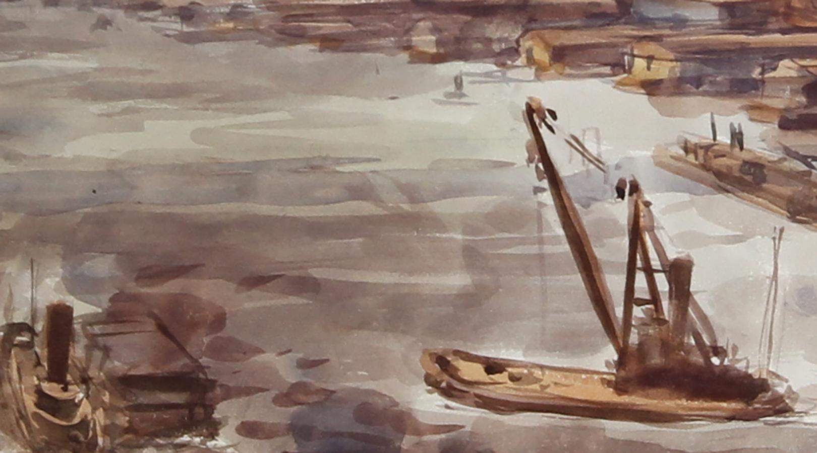 Ponte di Brooklyn e Lower Manhattan, paesaggio urbano acquerellato da Reginald Marsh in vendita 1