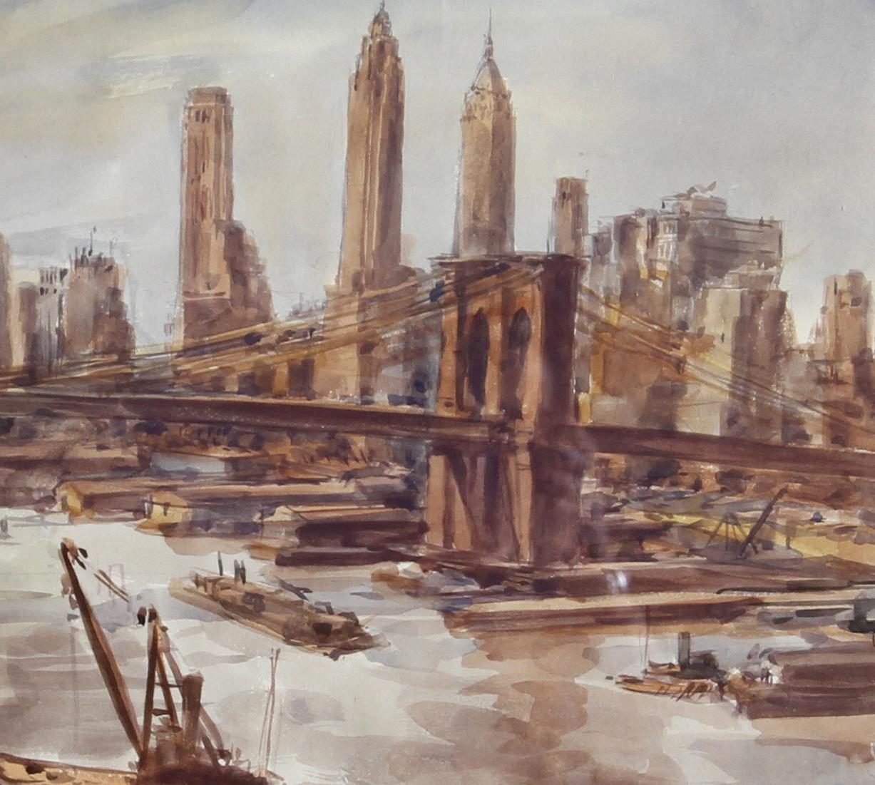 Ponte di Brooklyn e Lower Manhattan, paesaggio urbano acquerellato da Reginald Marsh in vendita 2