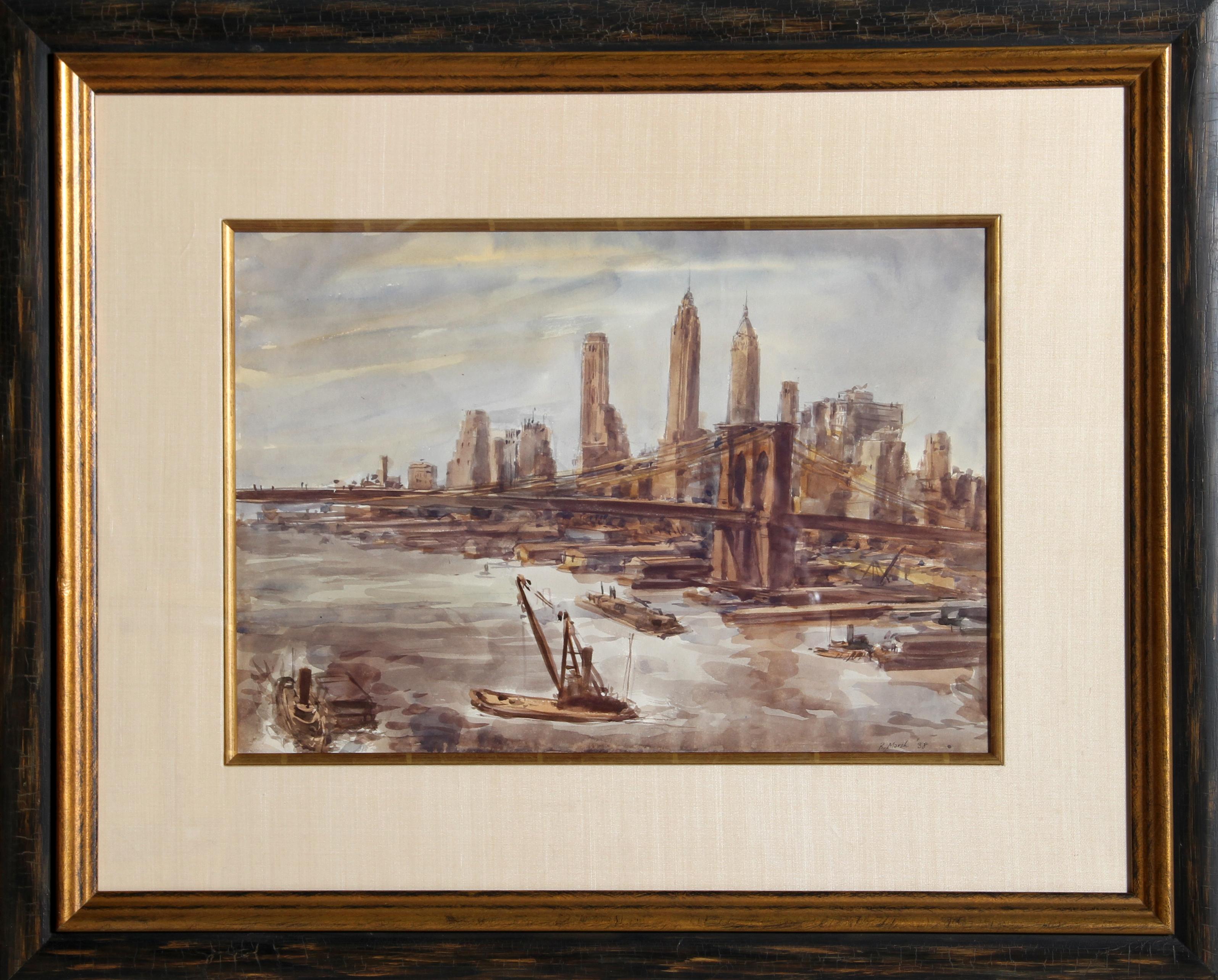 Brooklyn Bridge and Lower Manhattan, Cityscape Watercolor by Reginald Marsh