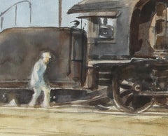 Locomotive, American Impressionist Train Watercolor by Reginald Marsh