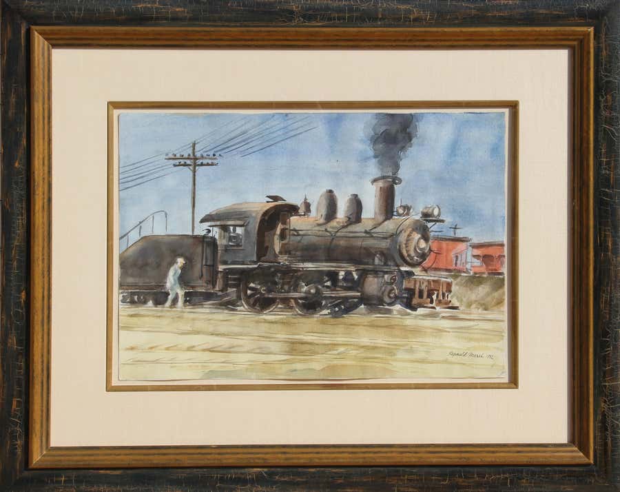 Locomotive, American Impressionist Train Watercolor by Reginald Marsh