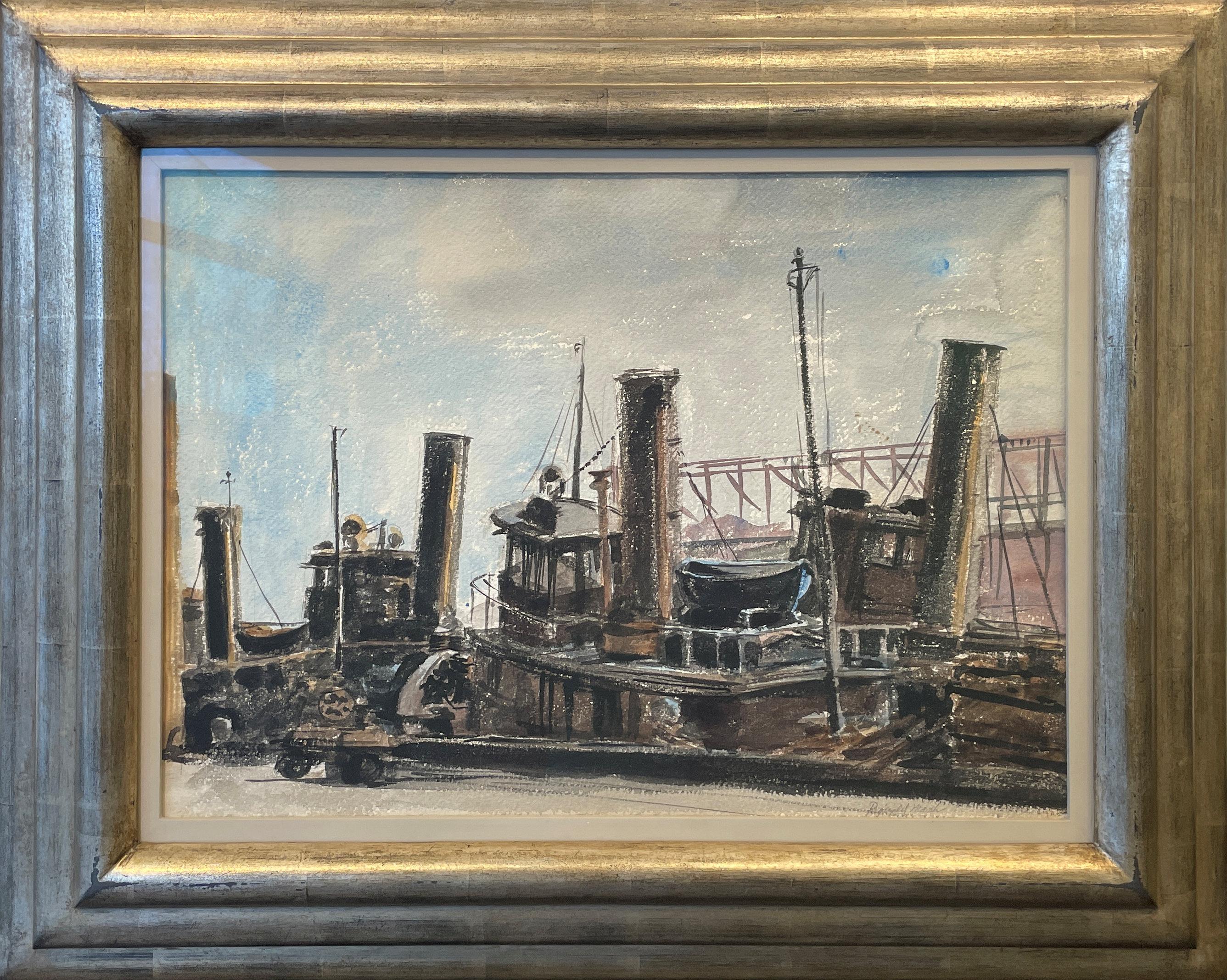 „Tugboat at Dock“, „ Reginald Marsh, Modernes WPA-Industrieschiff im Angebot 1
