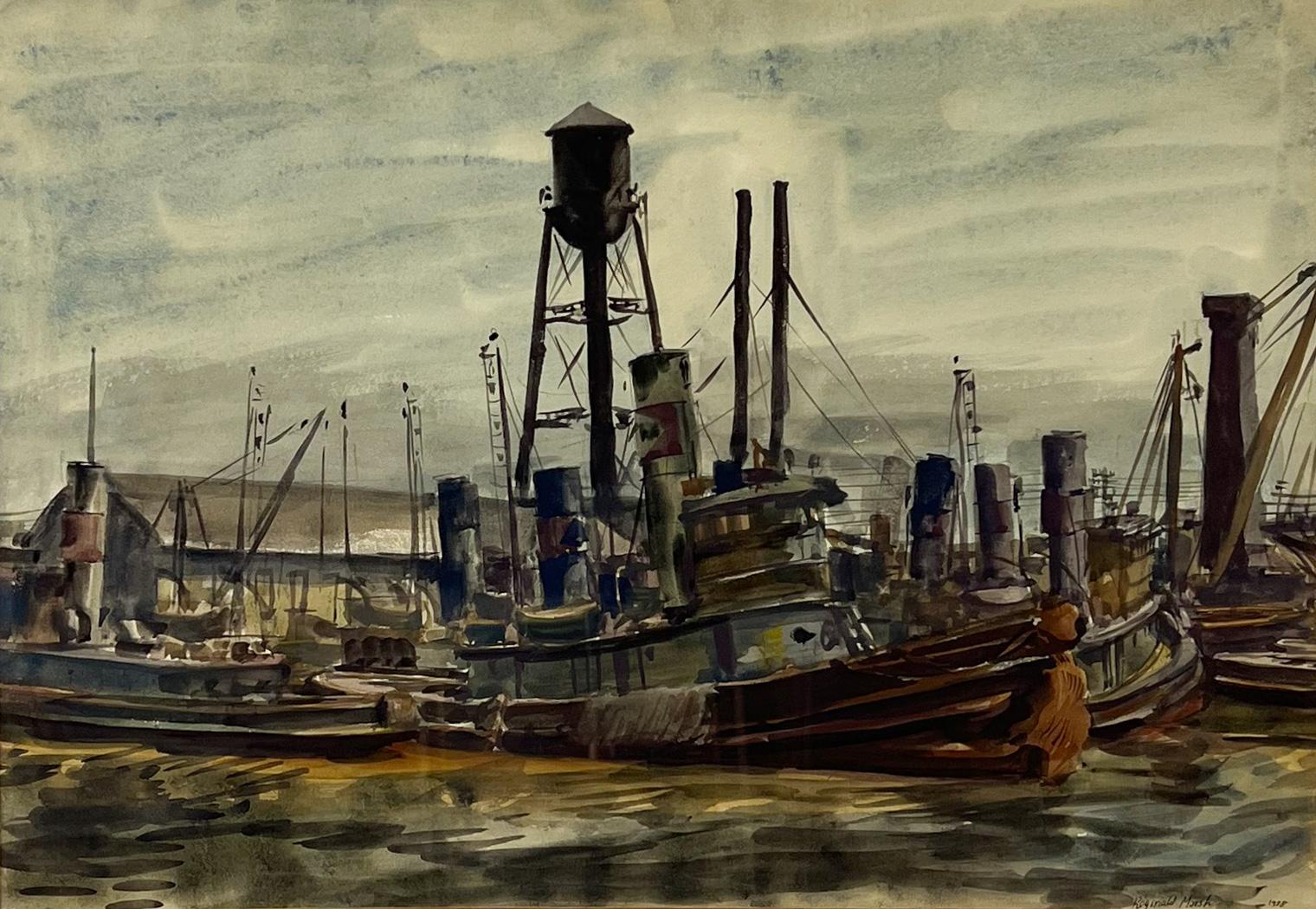 Tugboats in the Harbor. American Landscape -1930s Industrial Harbor Scene - Painting by Reginald Marsh