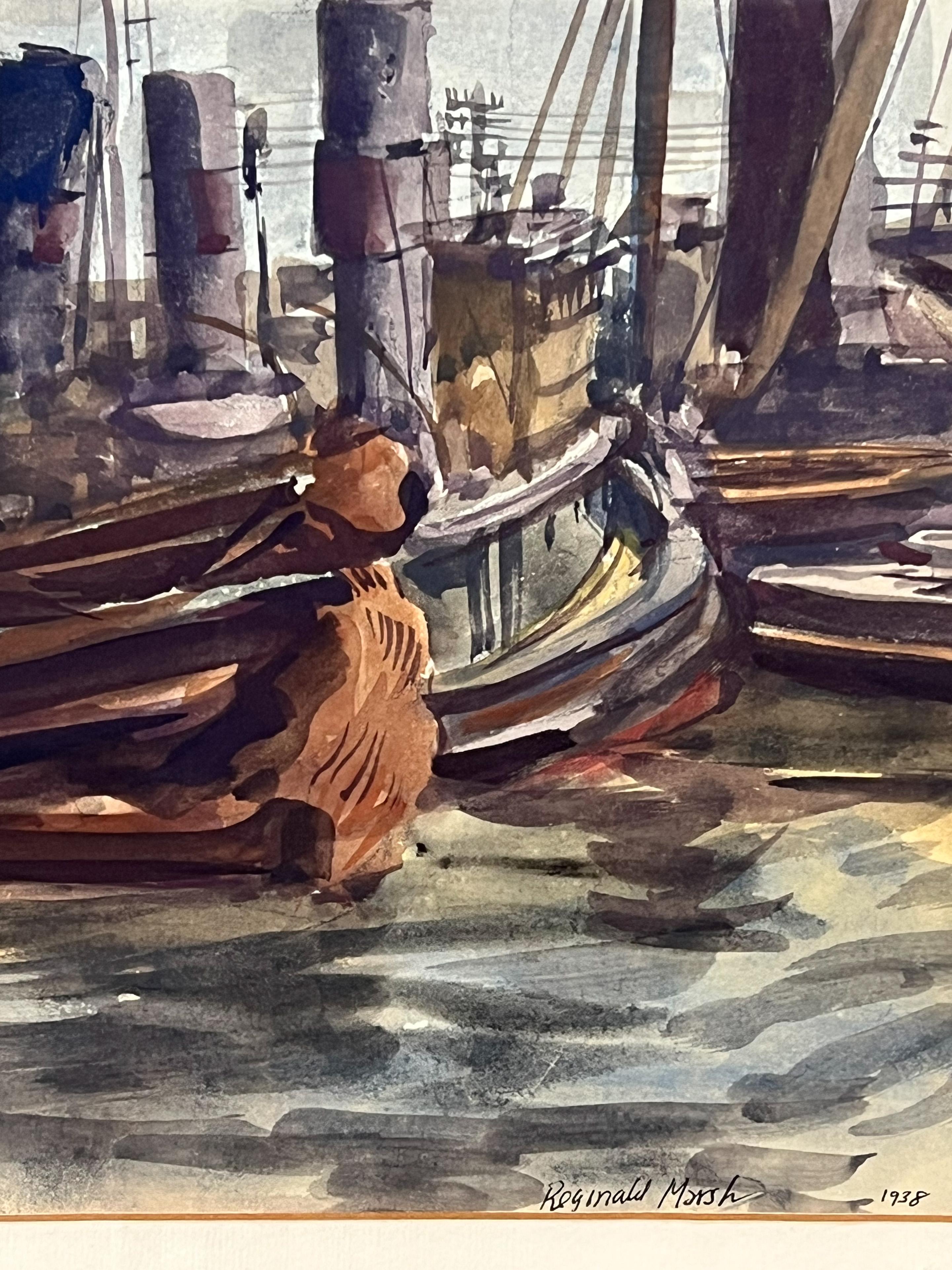 Tugboats in the Harbor. American Landscape -1930s Industrial Harbor Scene - American Realist Painting by Reginald Marsh