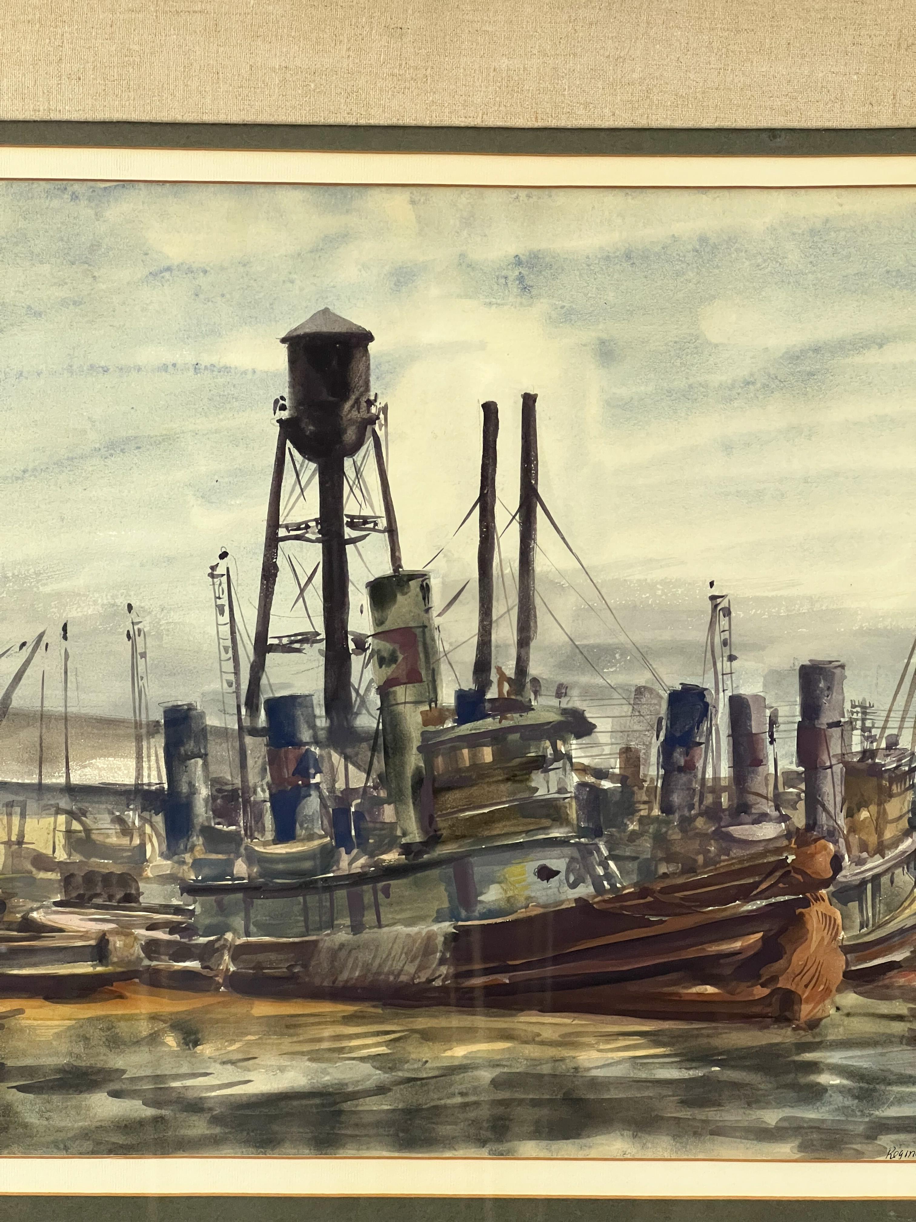 Tugboats in the Harbor. American Landscape -1930s Industrial Harbor Scene - Brown Landscape Painting by Reginald Marsh