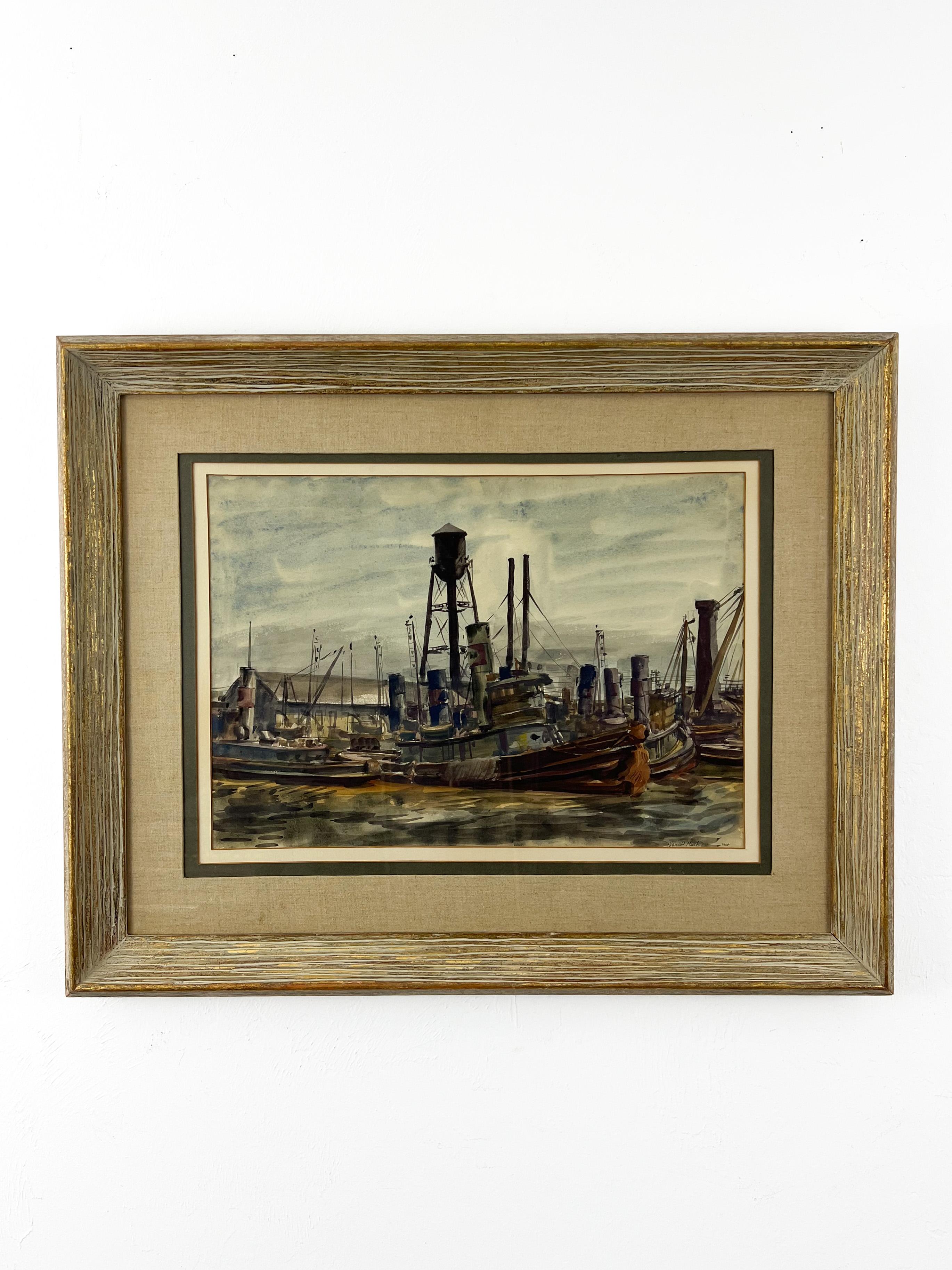 A fine 1938 watercolor done of Tugboats in the Harbor by Reginald Marsh.  The painting depicts the crush of boats at the shoreline during the later part of the American Great Depression.   Expertly done in watercolor, which lends itself beautifully