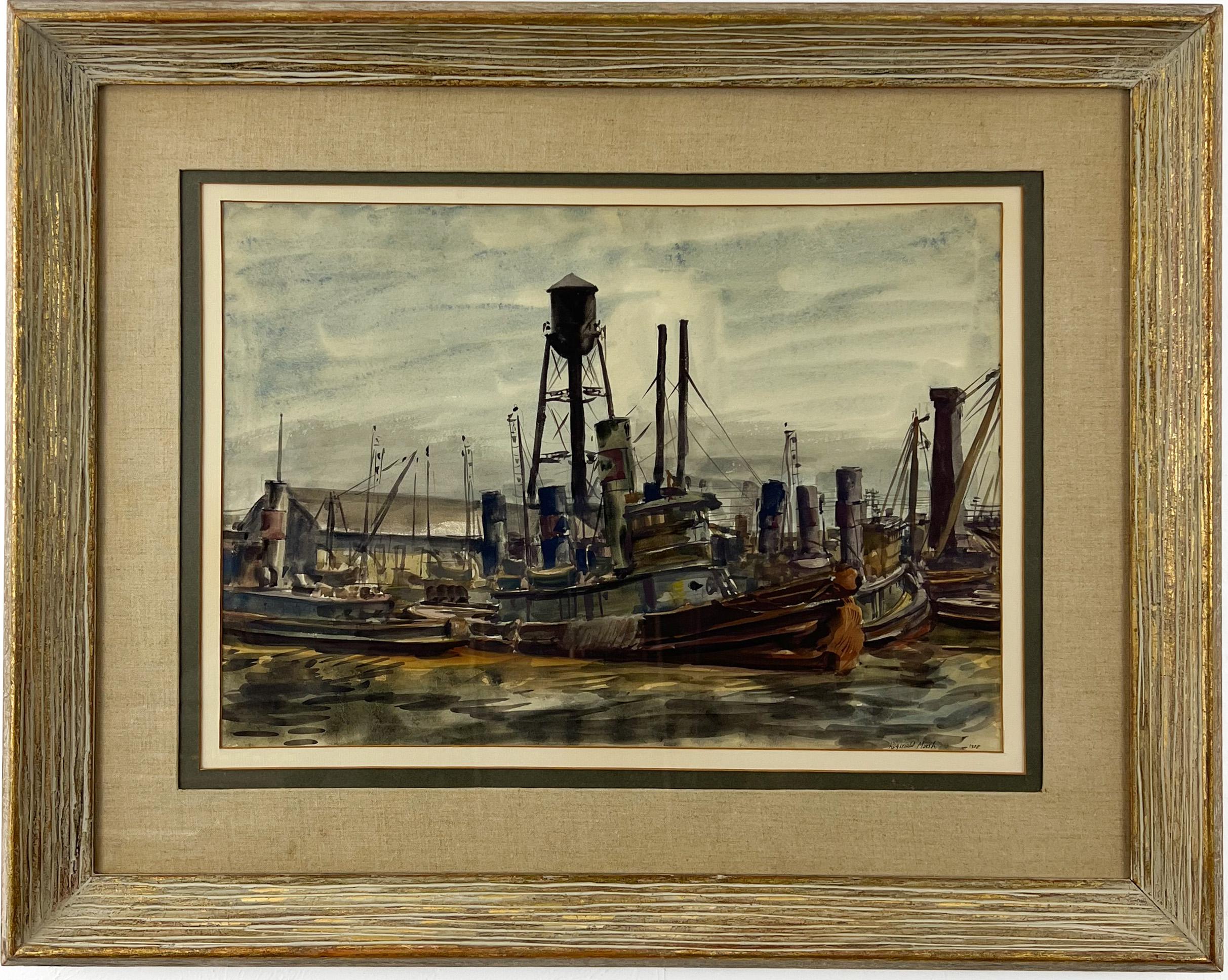 Tugboats in the Harbor. American Landscape -1930s Industrial Harbor Scene