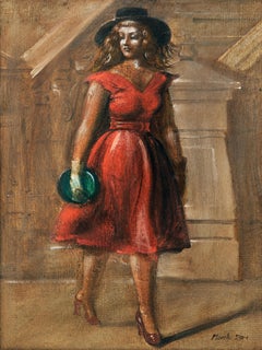 Reginald Marsh Oil on Board Painting Untitled (Lady in Red), Dated 1950