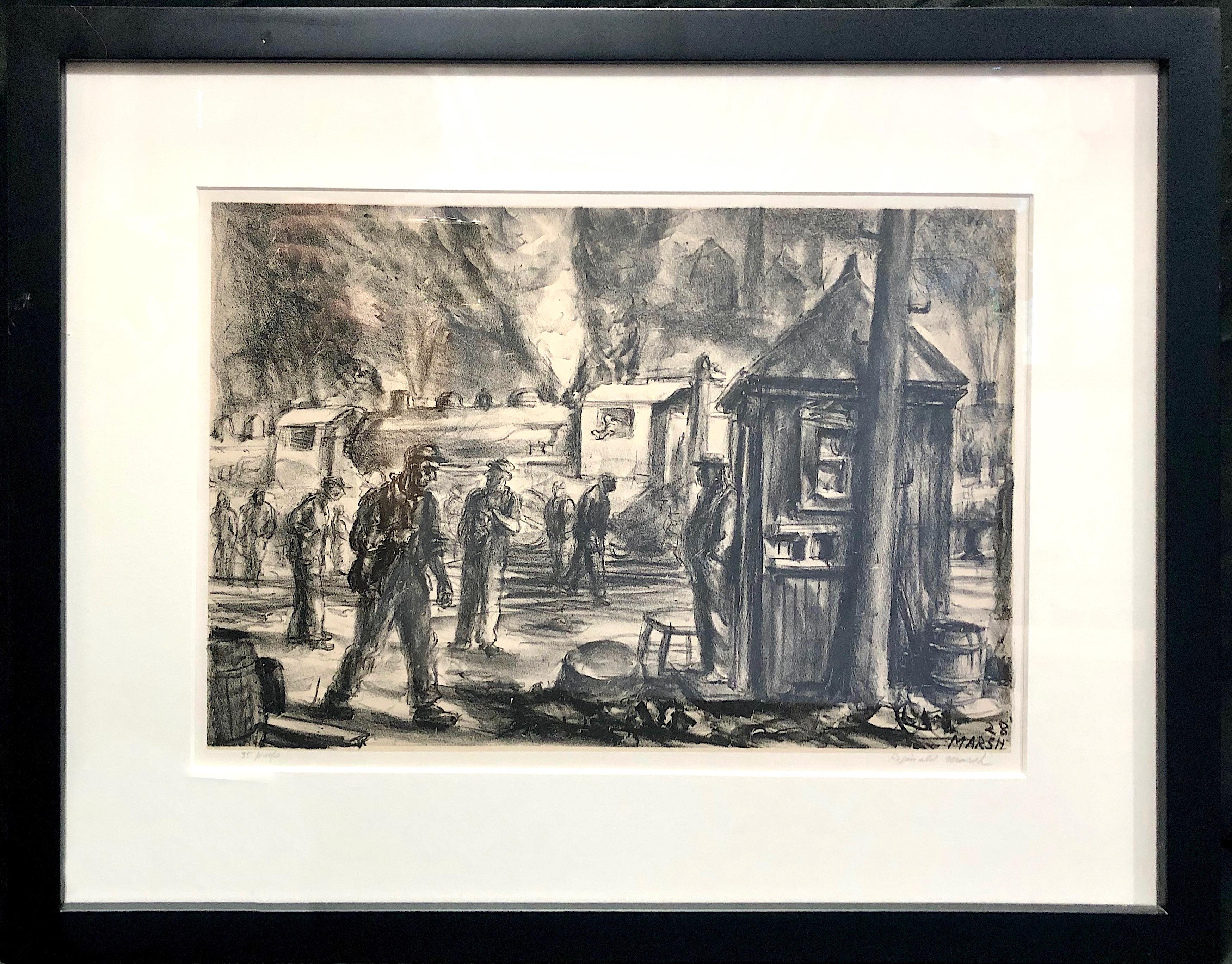 Reginald Marsh Figurative Print – Sozialer Realismus der 1920er Jahre "Erie R.R. Yards" Lithographie