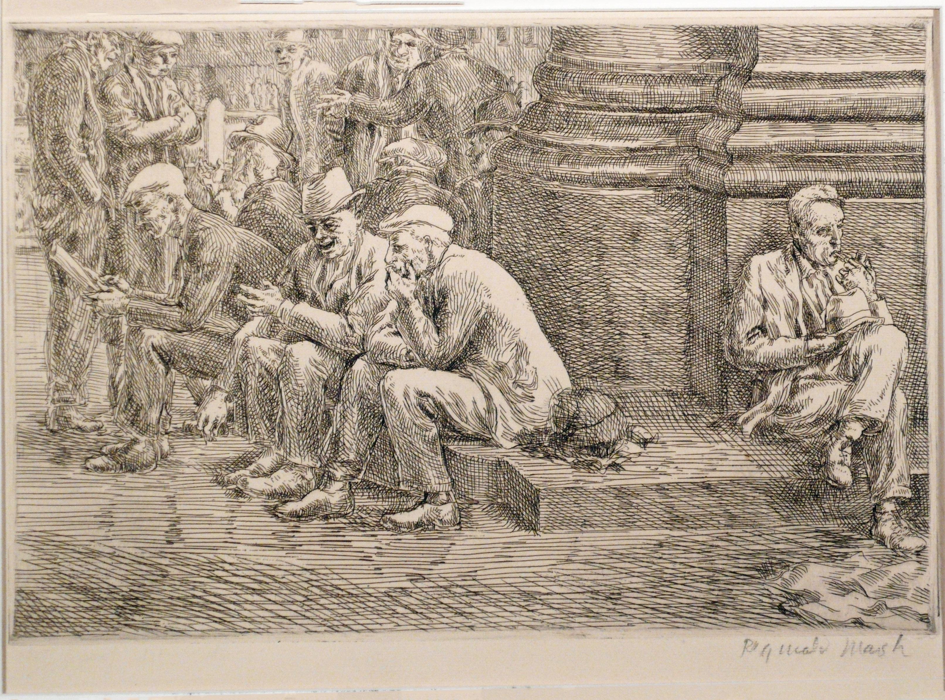 Reginald Marsh Figurative Print - DISCUSSION or AT THE BASE OF UNION SQ. WASH STATUE. 