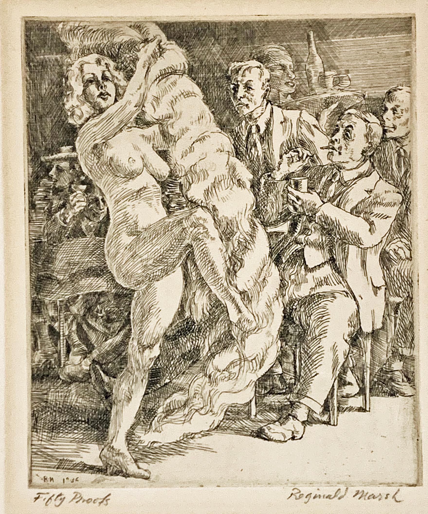 Reginald Marsh Figurative Print - FAN DANCE AT JIMMY KELLY'S