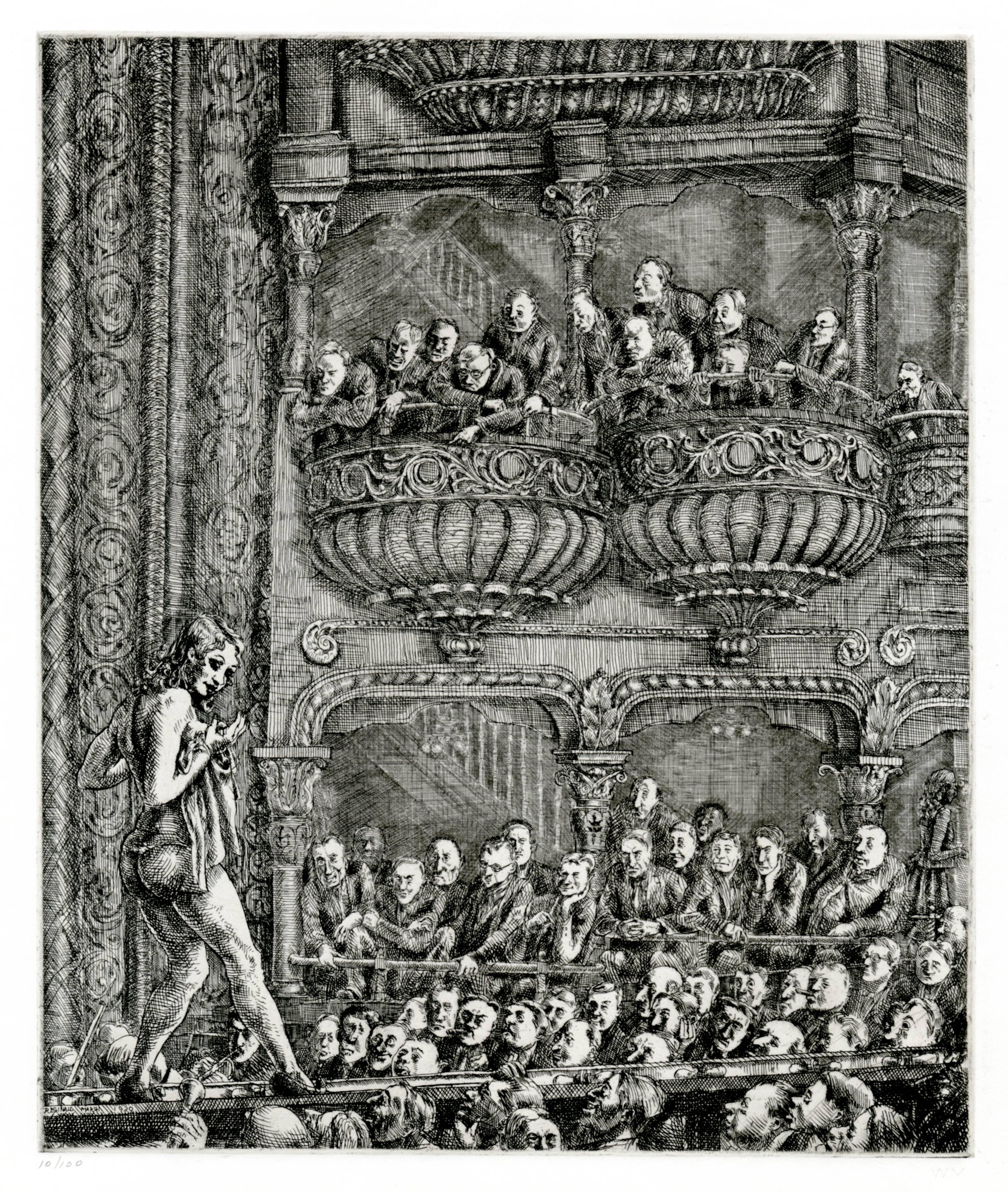 Reginald Marsh Interior Print – Fröhlichkeit Burlesk