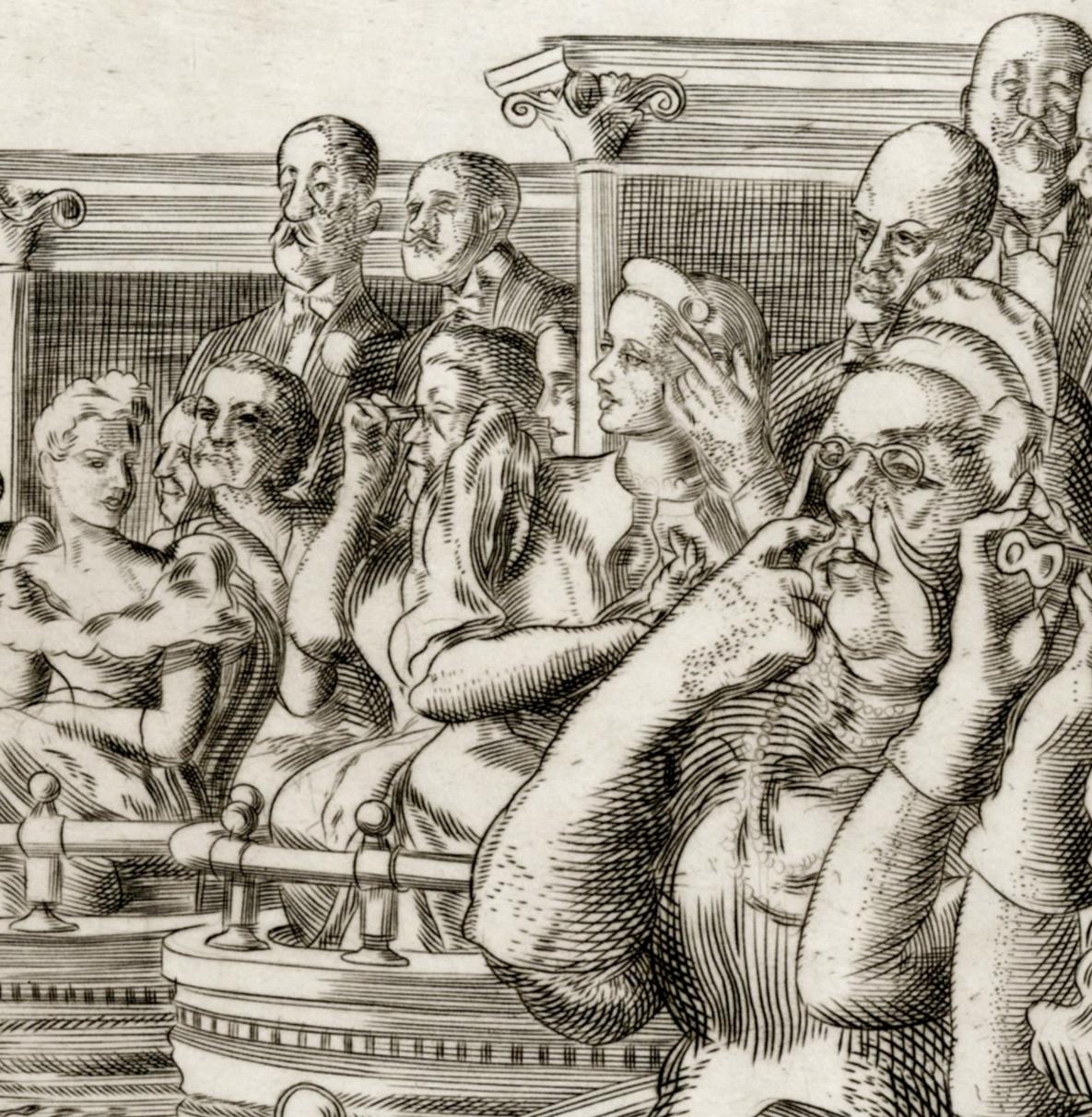 Große Empore und das Met (Grau), Figurative Print, von Reginald Marsh