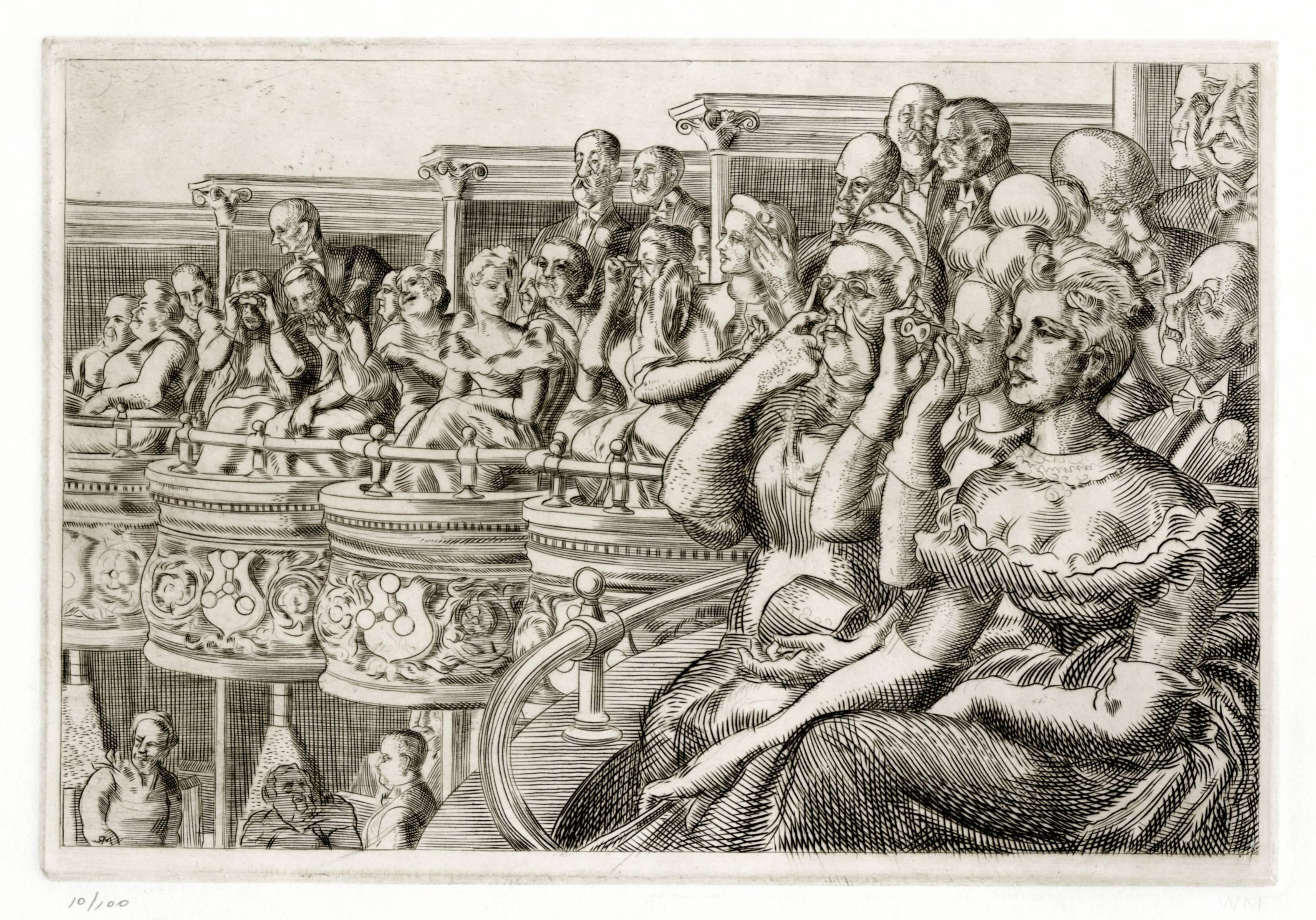 Reginald Marsh Figurative Print – Große Empore und das Met