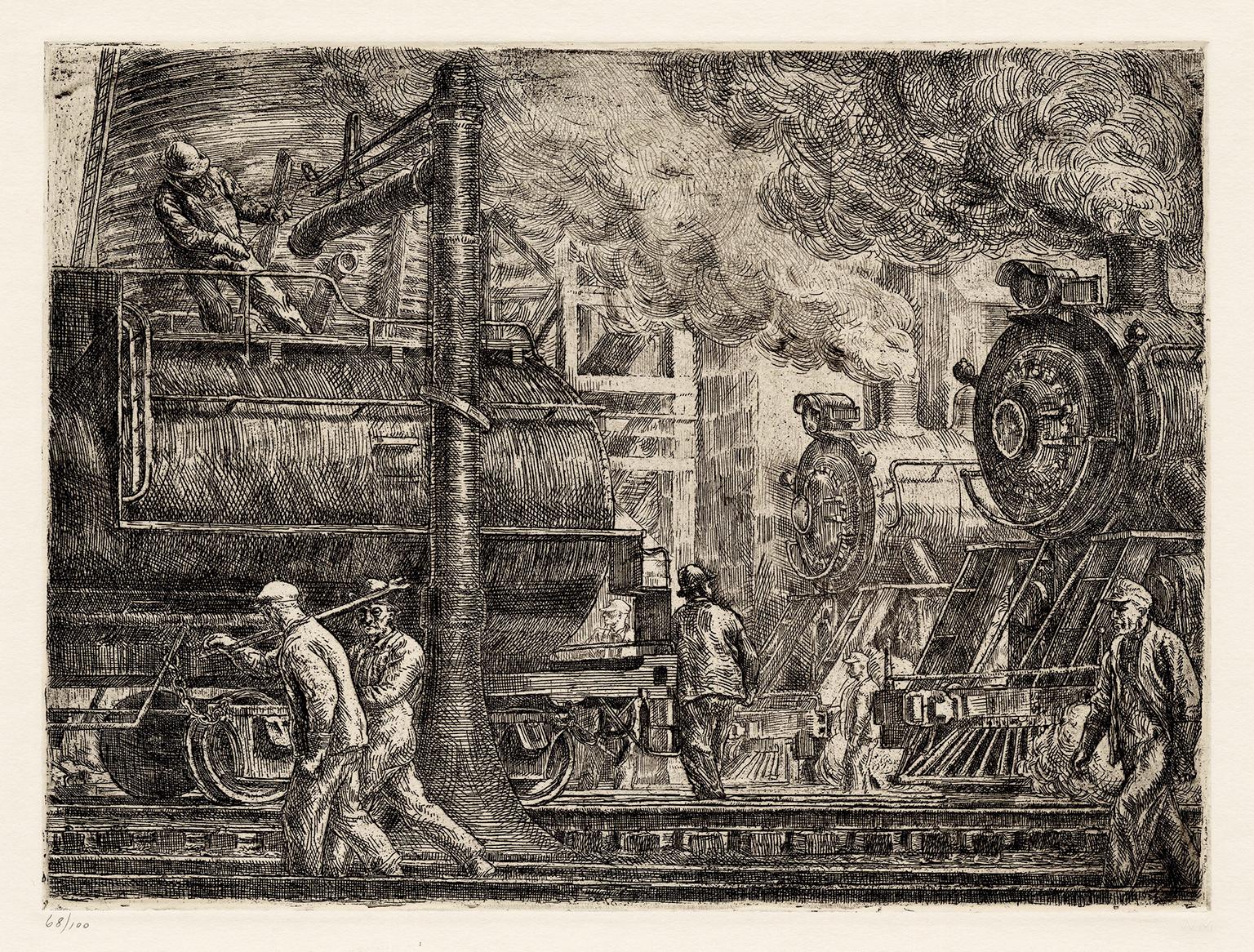 Reginald Marsh Figurative Print – Lokomotiven beim Gießen" - Sozialer Realismus der 1930er Jahre