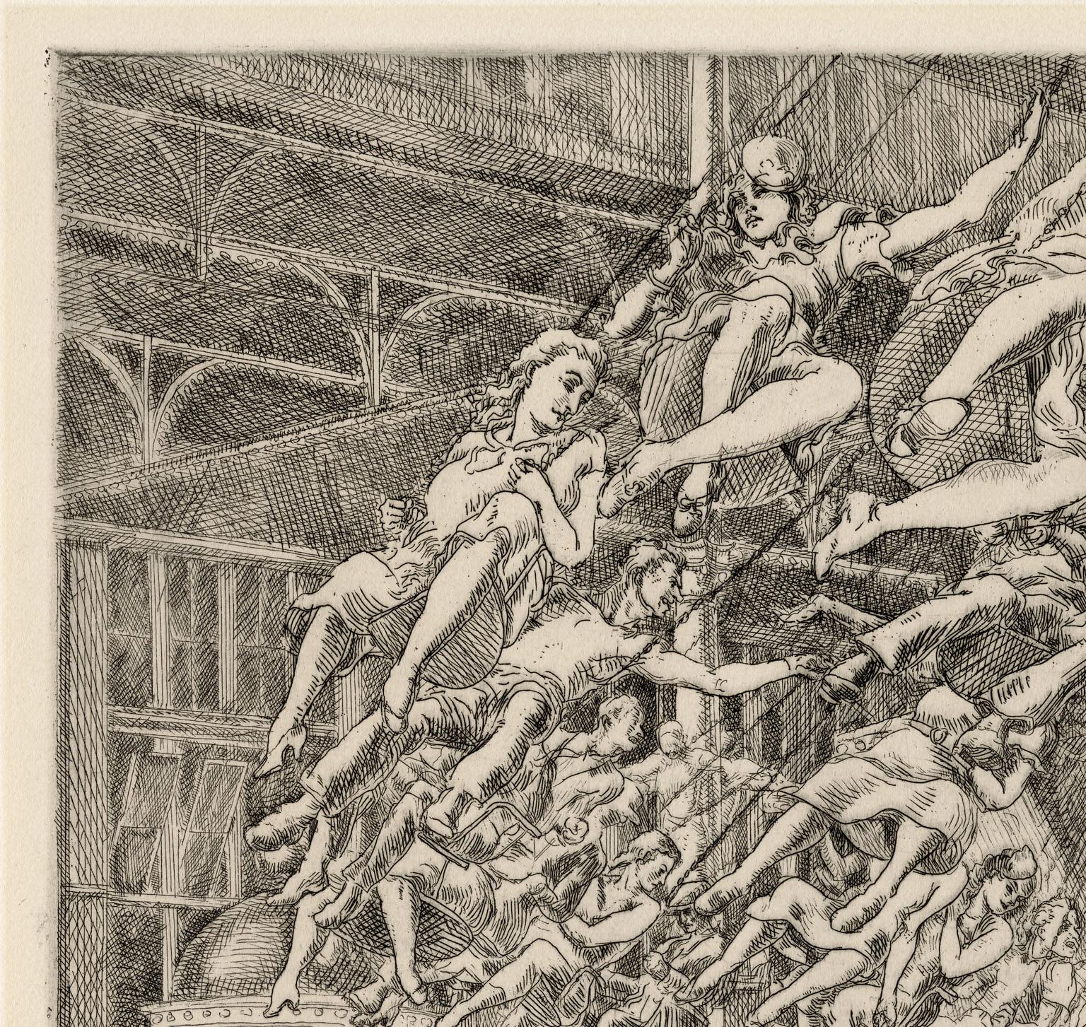 “Steeplechase Swings” is an etching created by Reginald Marsh in 1935. Initialed and dated in the plate, signed and inscribed “”2/75” in pencil.  Steeplechase Park was one of three early 20th-century amusement parks in Coney Island, Brooklyn.  It